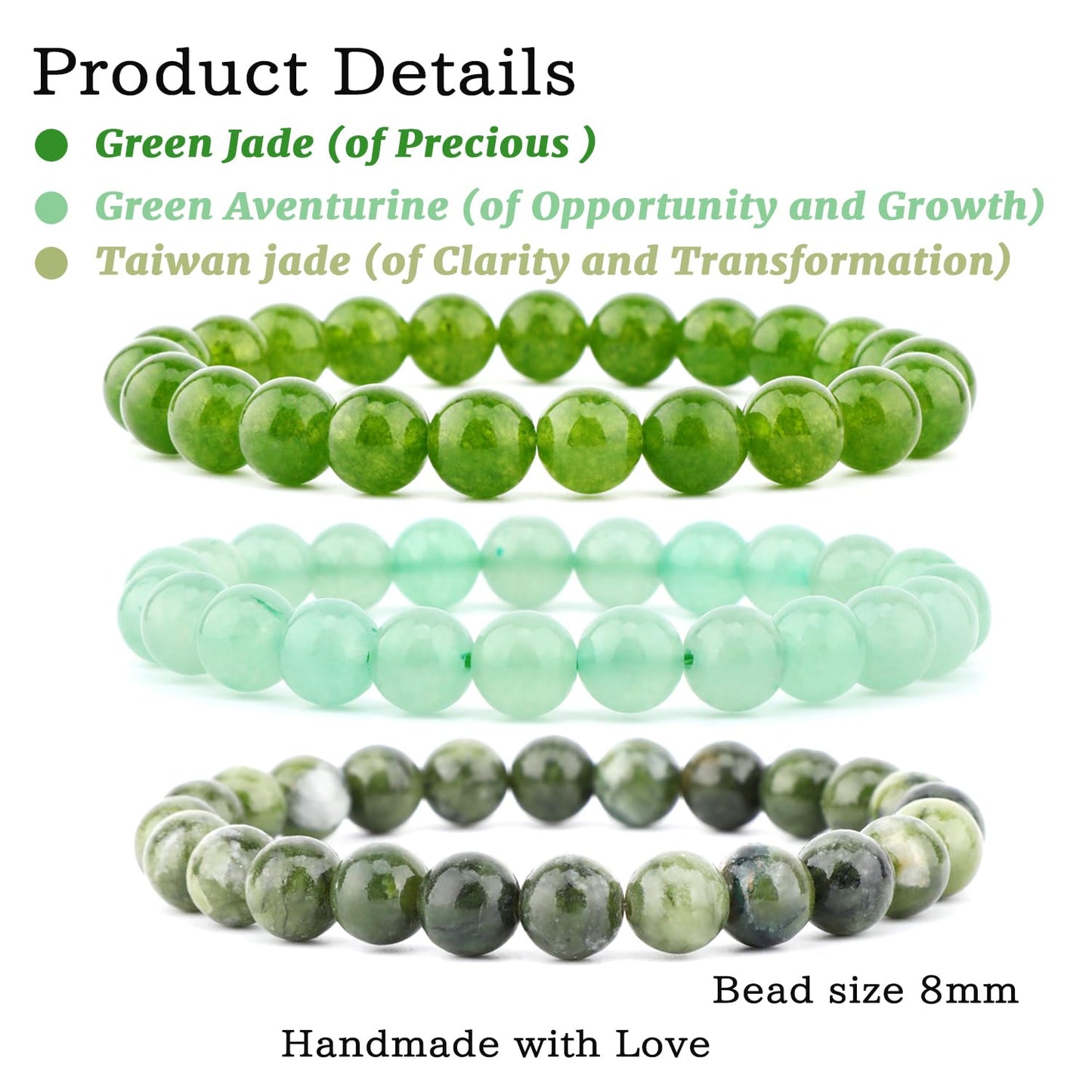 NCB 3-Piece 8mm Natural Crystal Gemstone Stretch Bracelets – ﻿Green Jade, Green Aventurine, Taiwan Jade Handmade Reiki Energy Healing Jewelry for Meditation,Yoga, Unisex