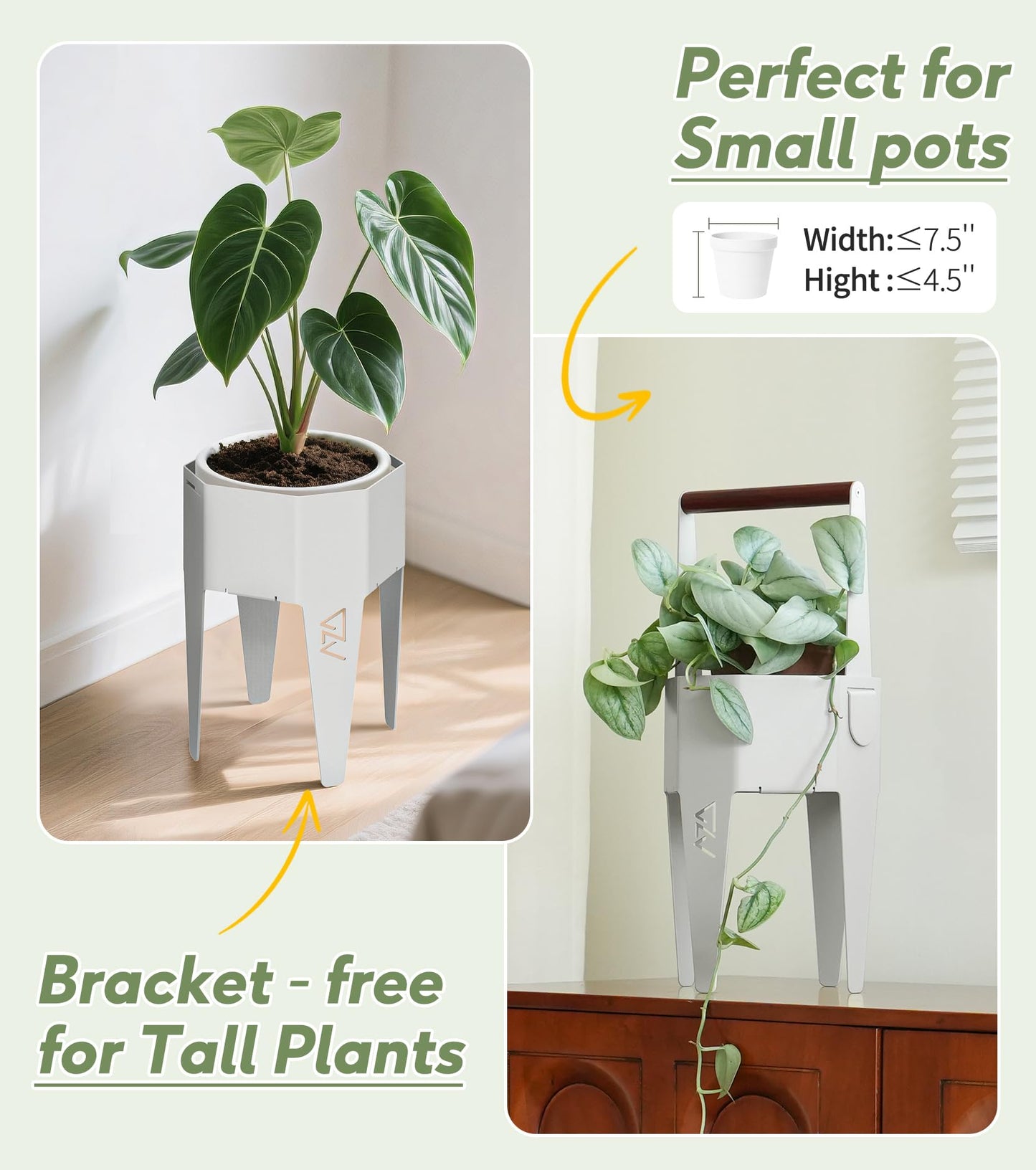 AZADESJET Planter with Stand, Metal 2 in 1 Portable Planter with Grow Bags & Handle, Stable Stylish Indoor Plant Pots with Stand, Modern Flower Pots Outdoor, 7.5'' x 17.3'', White, Plant Not Included