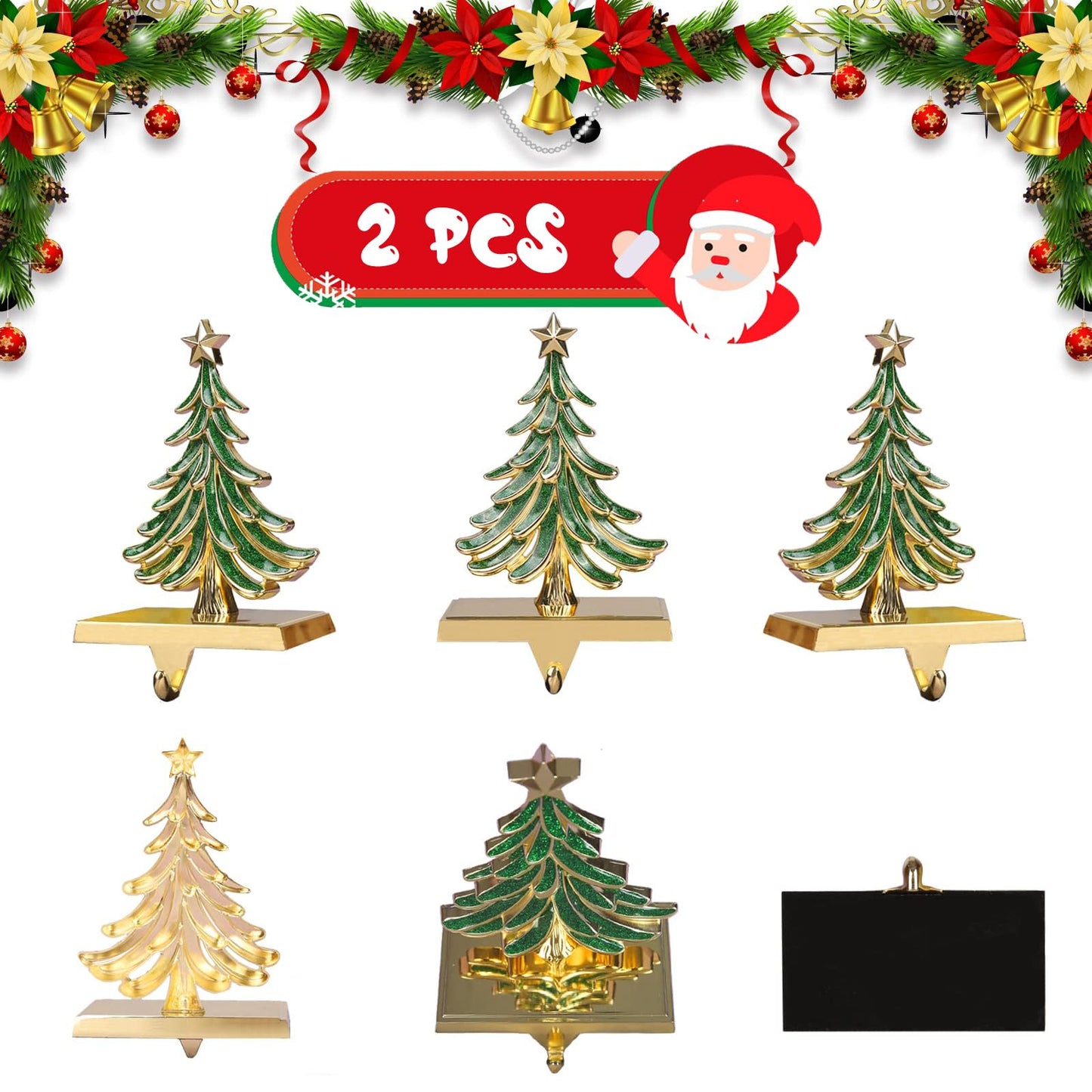 JUSTOTRY 2PC Christmas Stocking Holders for Mantle Glitter Green Xmas Tree Gold Stocking Holder for Fireplace Home Decor Holiday Gifts Christmas Decorations Supplies Non-Skid Durable and Sturdy