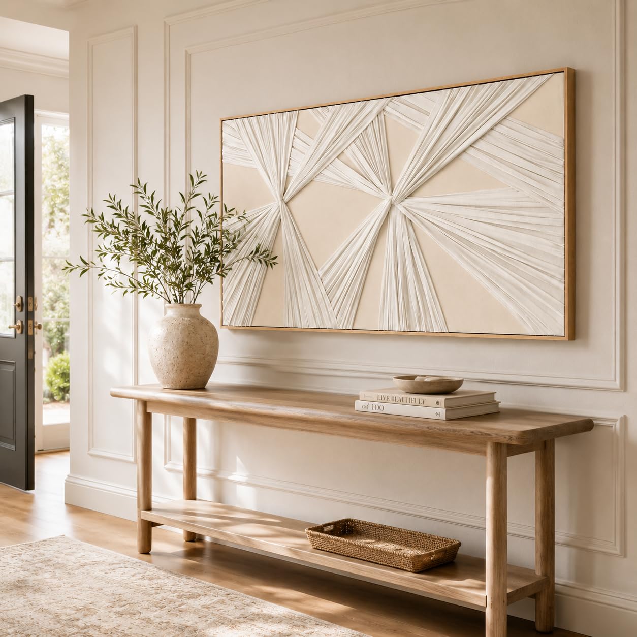 Artists' Handicraft, Extra Large Luxury 3D Fabric Neutral Textured Wall Art, Minimalist Abstract Boho Modern Long Beige Painting Wall Decor for Living Room Bedroom Hallway Office, Horizontal, 54x27 Inces
