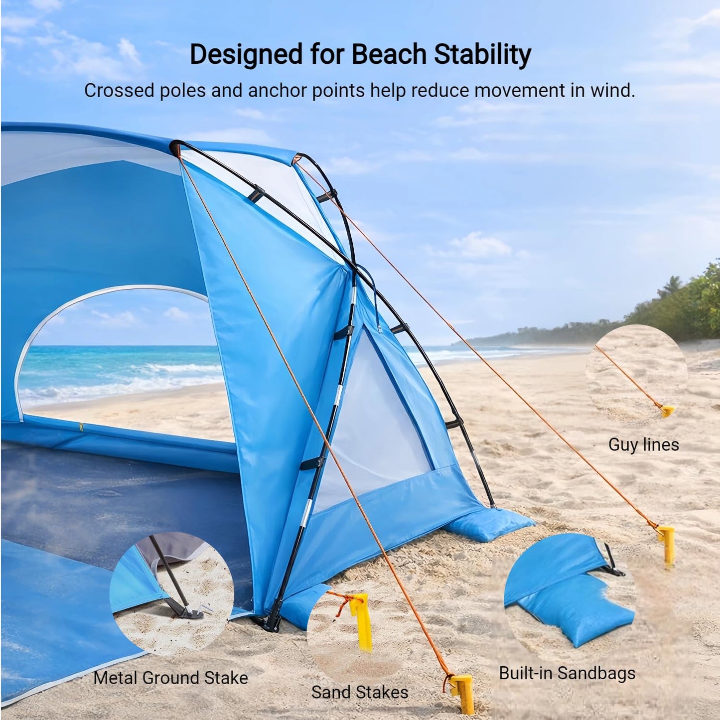 Beach Tent, Portable Sun Shelter for 2/3/4/6-8 Person with UPF 50+ UV Protection, Easy Setup Waterproof Beach Shade Canopy Cabana for Family Outdoor and Picnics, Fishing with Carrying Bag