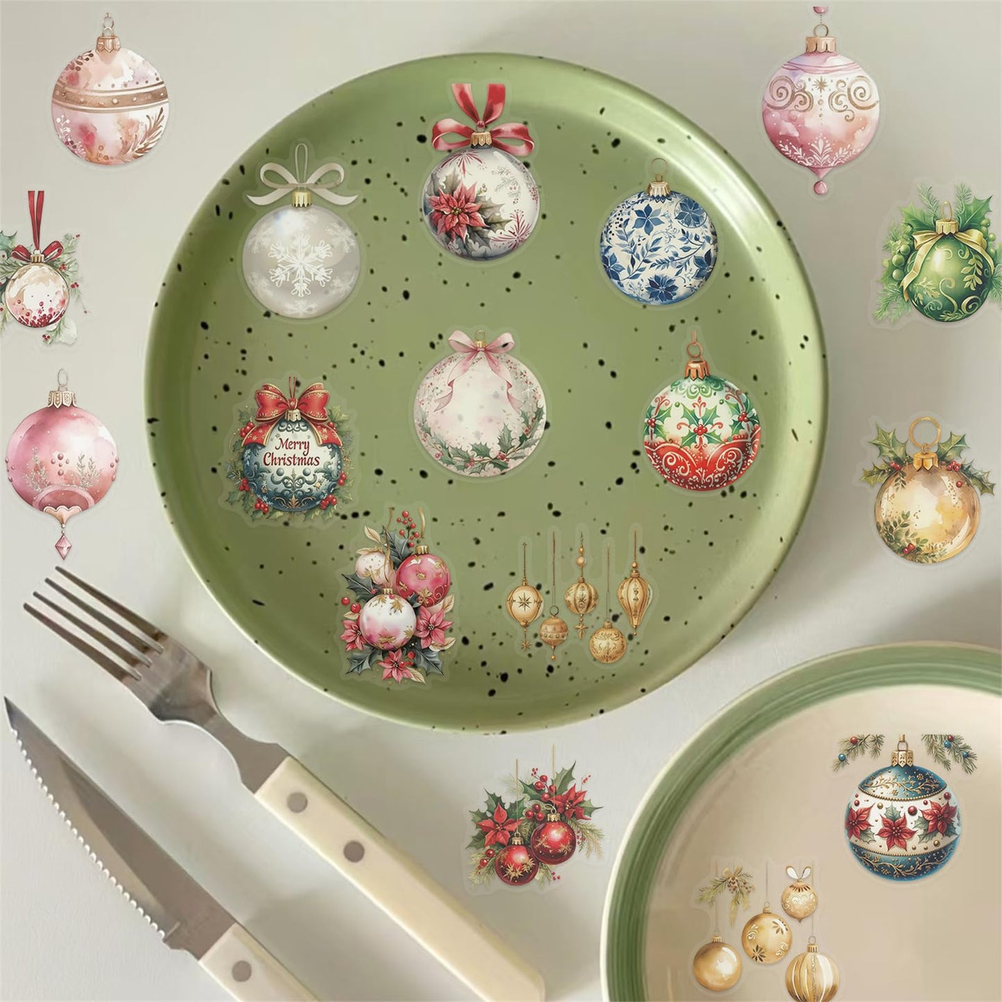50 Pieces Christmas Themed Transparent Stickers for Scrapbooking, Ornament Ball Self-Adhesive Scrapbooking Stickers Supplies Journal Stuffers for Adult Card Making Letters DIY