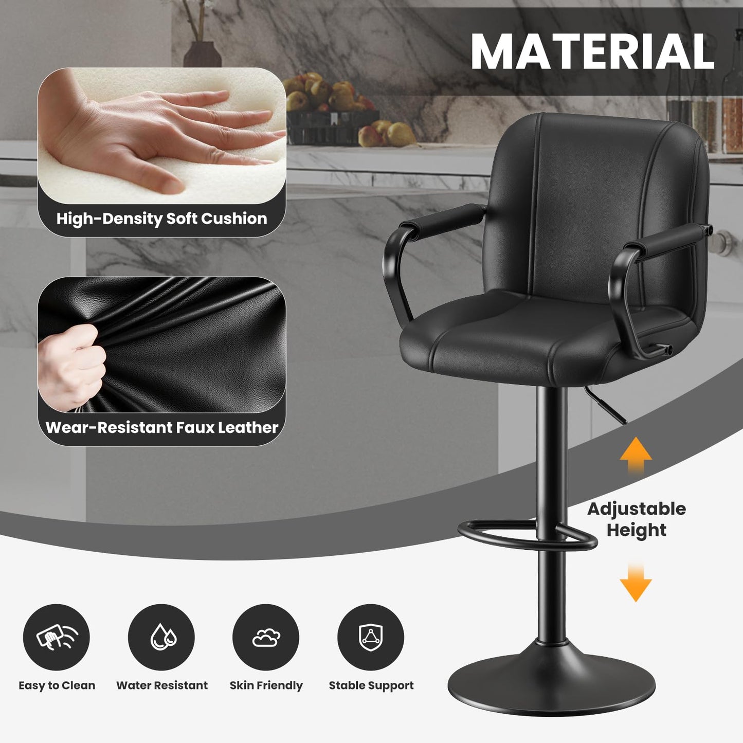 MALOL Set of 2 Modern Bar Stools with Backs - Adjustable High Chairs for Kitchen Island, Barstools for Home Bar, Island Stools, Sillas Altas para Barra de Cocina, Black PU Leather