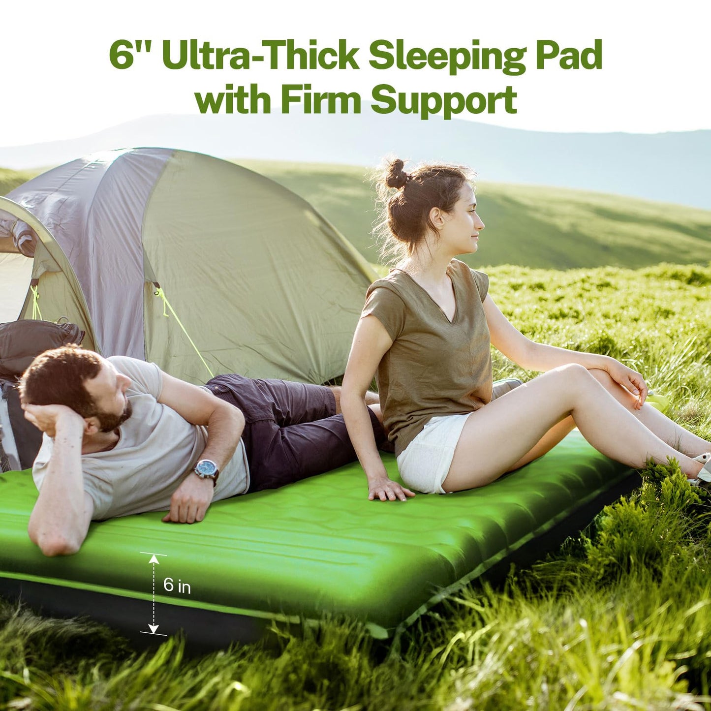 OGERY Double Sleeping Pad for Camping, 6" Extra-Thick Reinforced Camping Sleeping Pad with Pillows & Built-in Foot Pump, Ultralight Inflating Camping Mattress for Backpacking Tent Hiking Travel