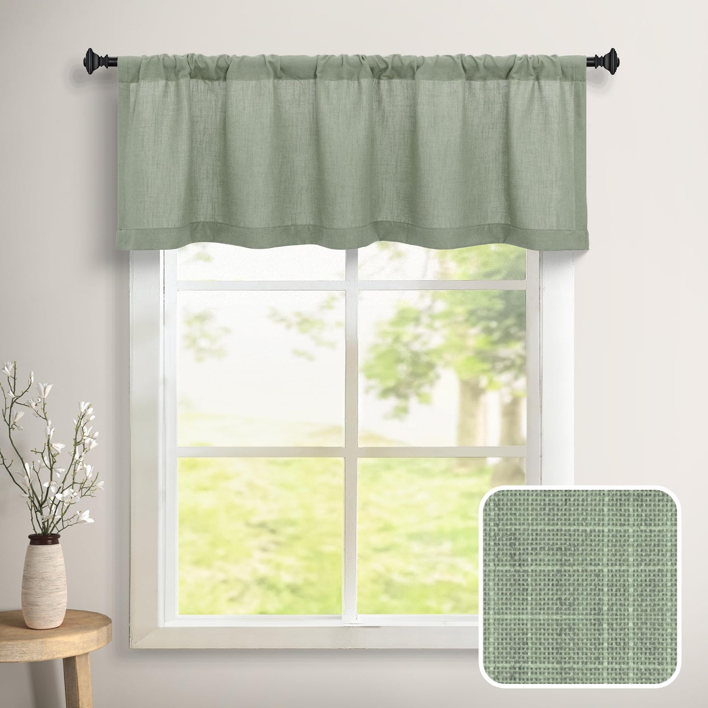 DANCURTON Sage Green Valance for Windows Kitchen Living Room Valance Rod Pocket Boho Farmhouse Country Rustic Bathroom Small Window Treatment Semi Sheer Linen Curtain Valances for Bedroom Light Sage