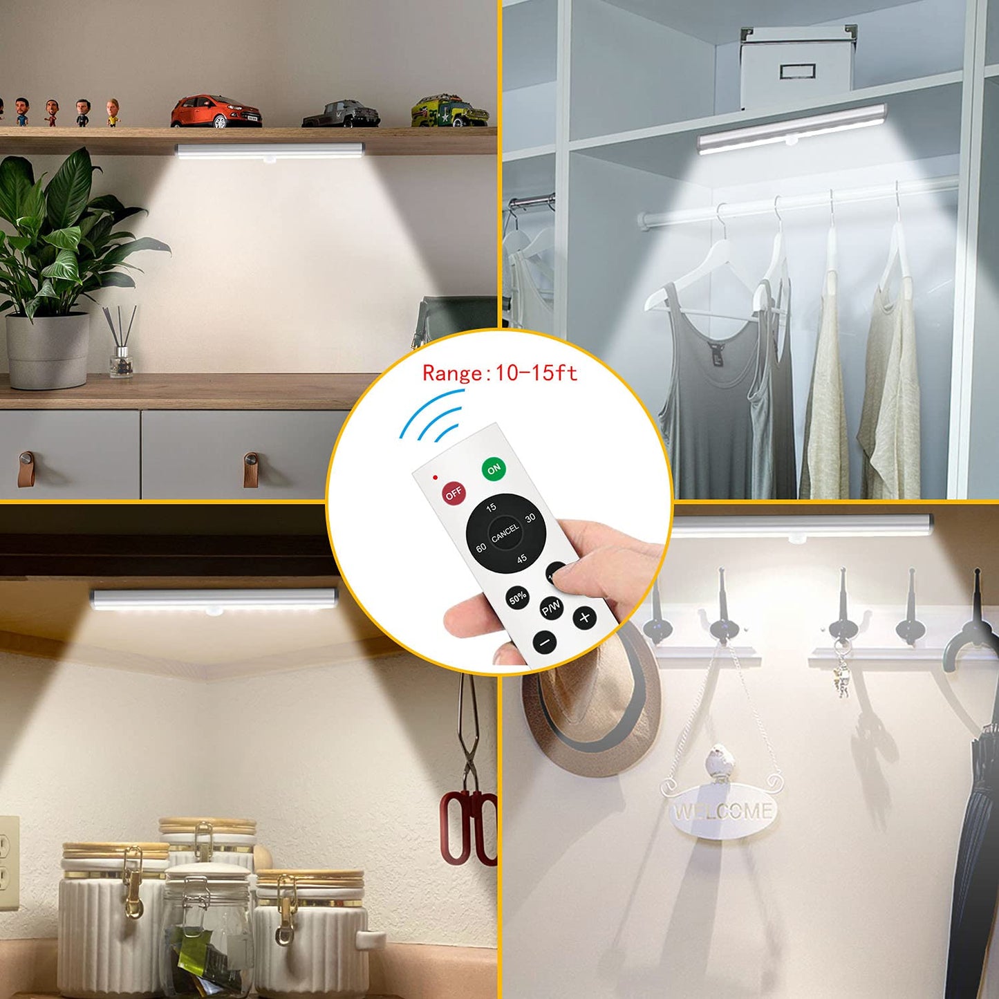 Remote Control Under Cabinet Lighting Wireless 6 Pack, 20-LED Dimmable Closet Lights Rechargeable Under Counter Light, Stick on Touch Night Light Strip Bar for Kitchen Stairway Bedroom, 3 Colors