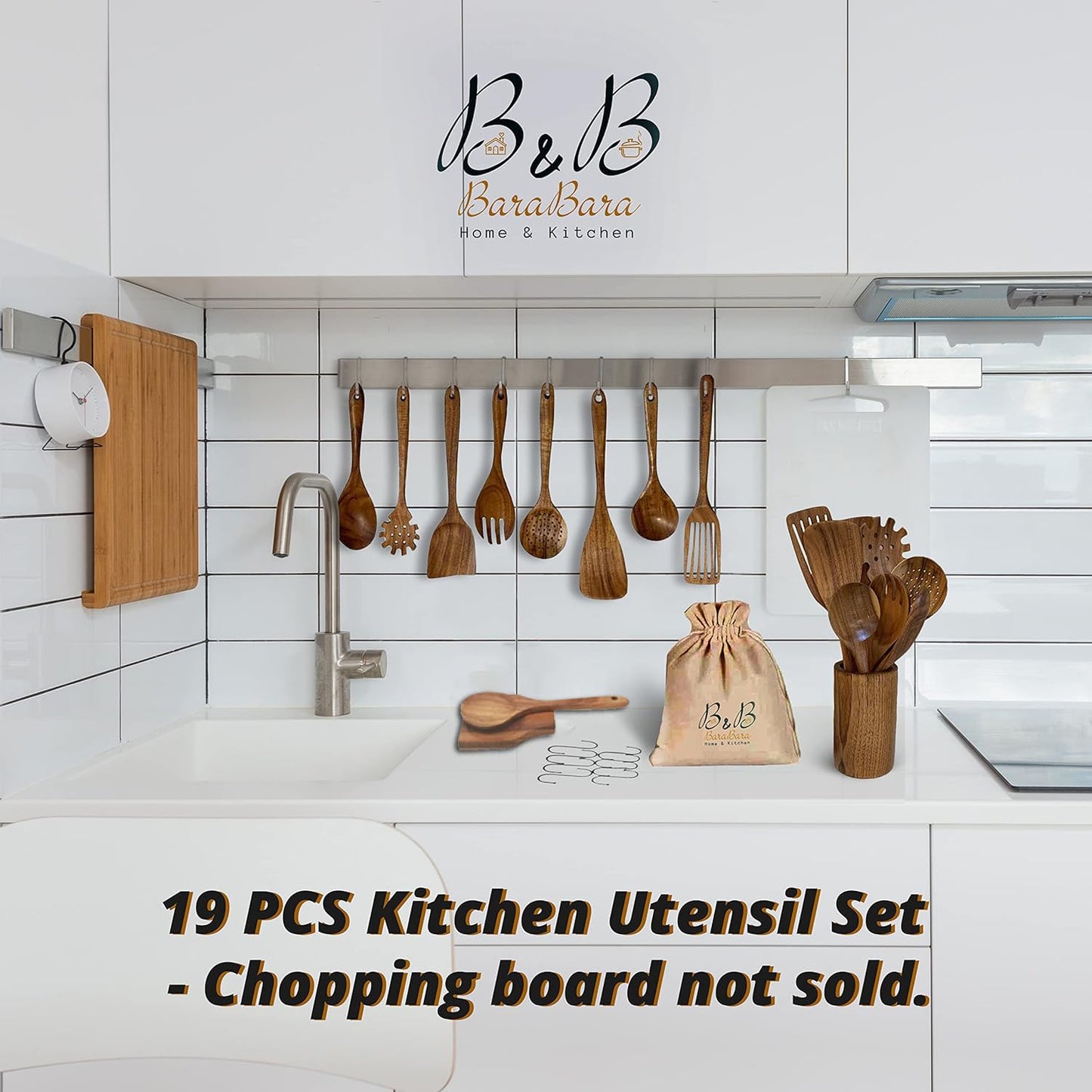 BaraBara Kitchen Utensils Set, Wooden Holder, Spoon Rest and Hooks, Kitchen Wooden Utensils, 100% Natural Teak Wooden Kitchen Utensil
