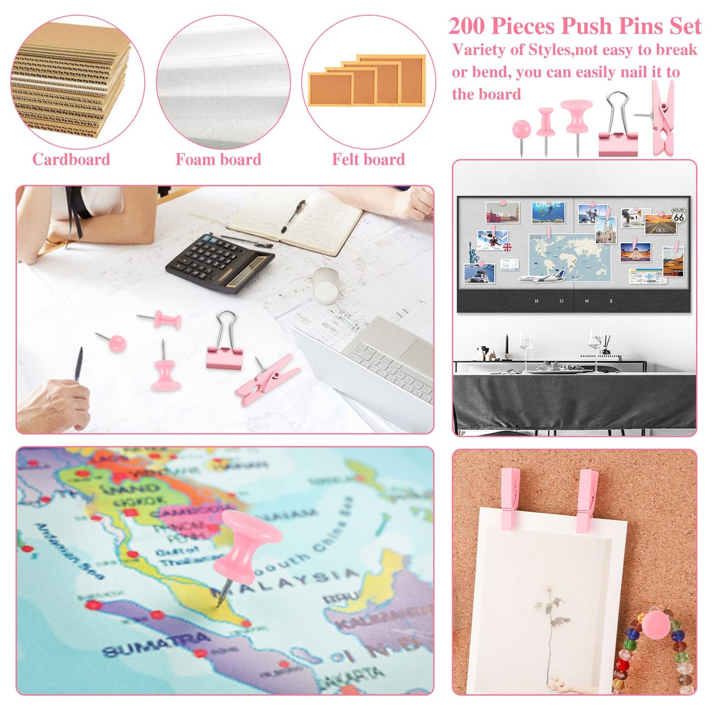 200 Pieces Push Pins Pink Thumb Tacks Cute Decorative Push Pins for Cork Board, 5 Style for Bulletin Boards Wall Maps Pictures Office