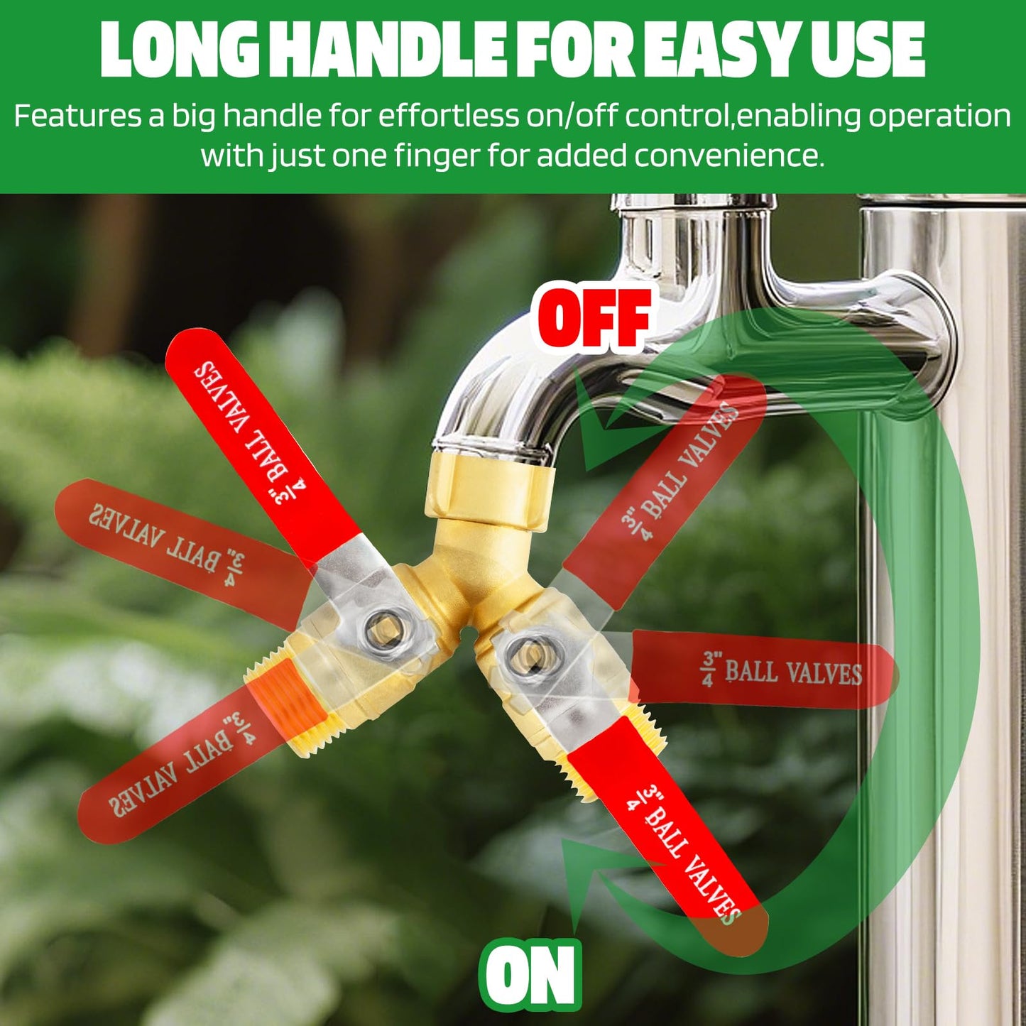 ZZBUY Hose Splitter 2 Way Heavy Duty, 3/4 Inch GHT Thread Y Valve Connector with Stainless Steel Long Handle, Full Flow Brass Garden Hose Splitter for Outdoor Faucet, Washing, and Garden Irrigation