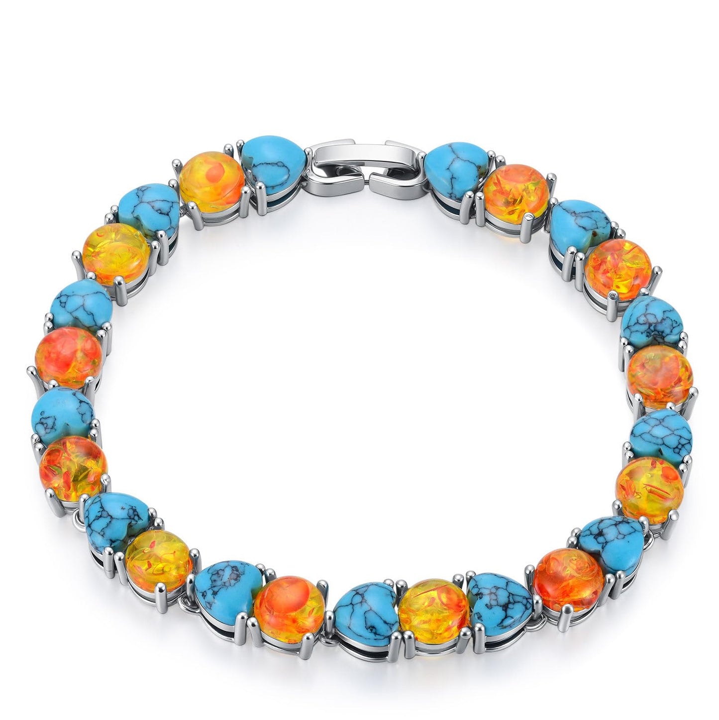 PEIMKO 925 Sterling Silver Full Stone Textured Turquoise Amber Tennis Bracelet White Gold Plated Jewelry Gift for Women Mothers