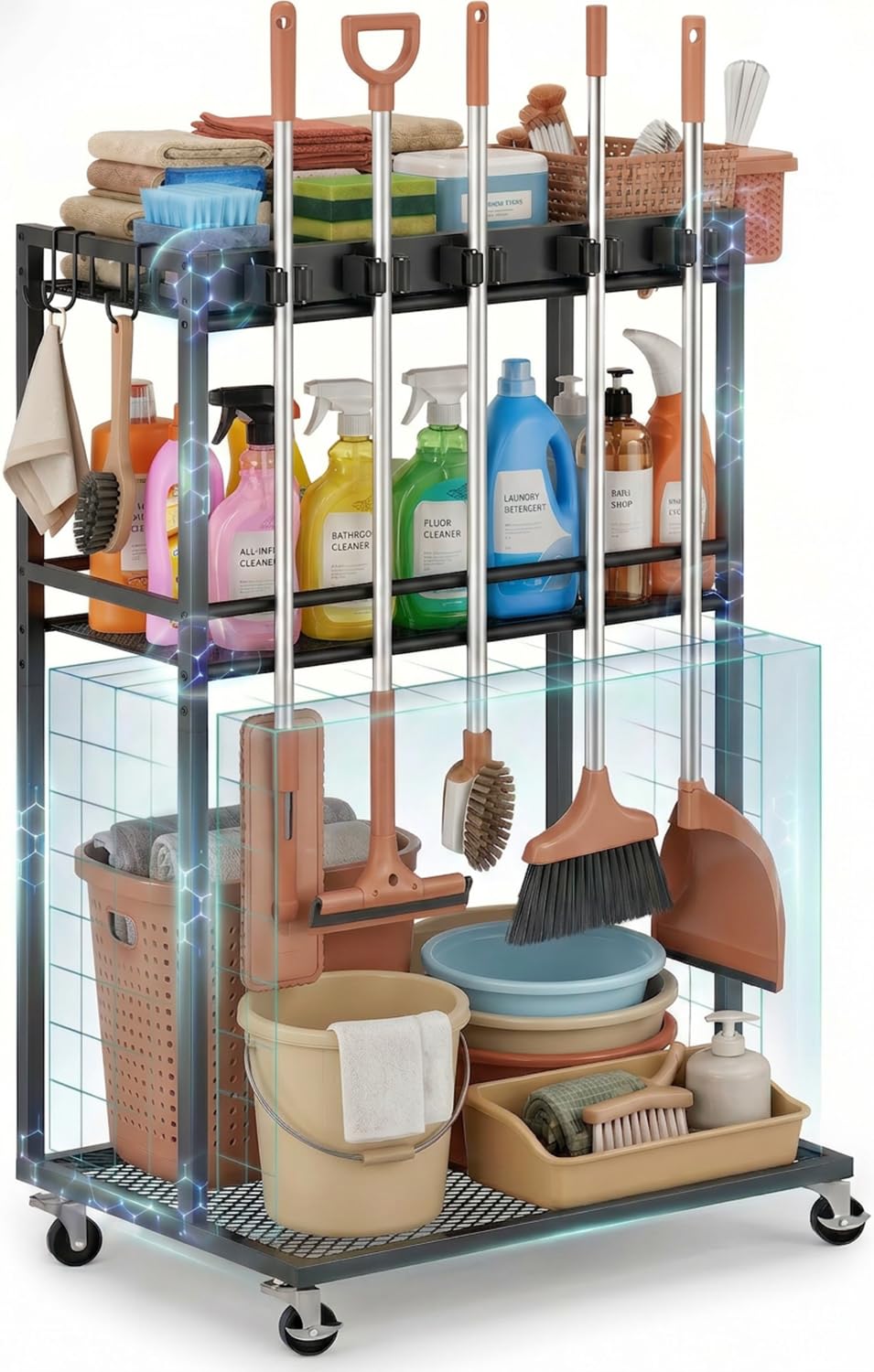Multifunctional Mobile Cleaning Station, Rolling Cleaning Cart and Cleaning Tool Station with 5 Mop Grippers, 6 Hooks for Laundry Room, Kitchen, Garage, Garden and Pool Area Cleaning Storage