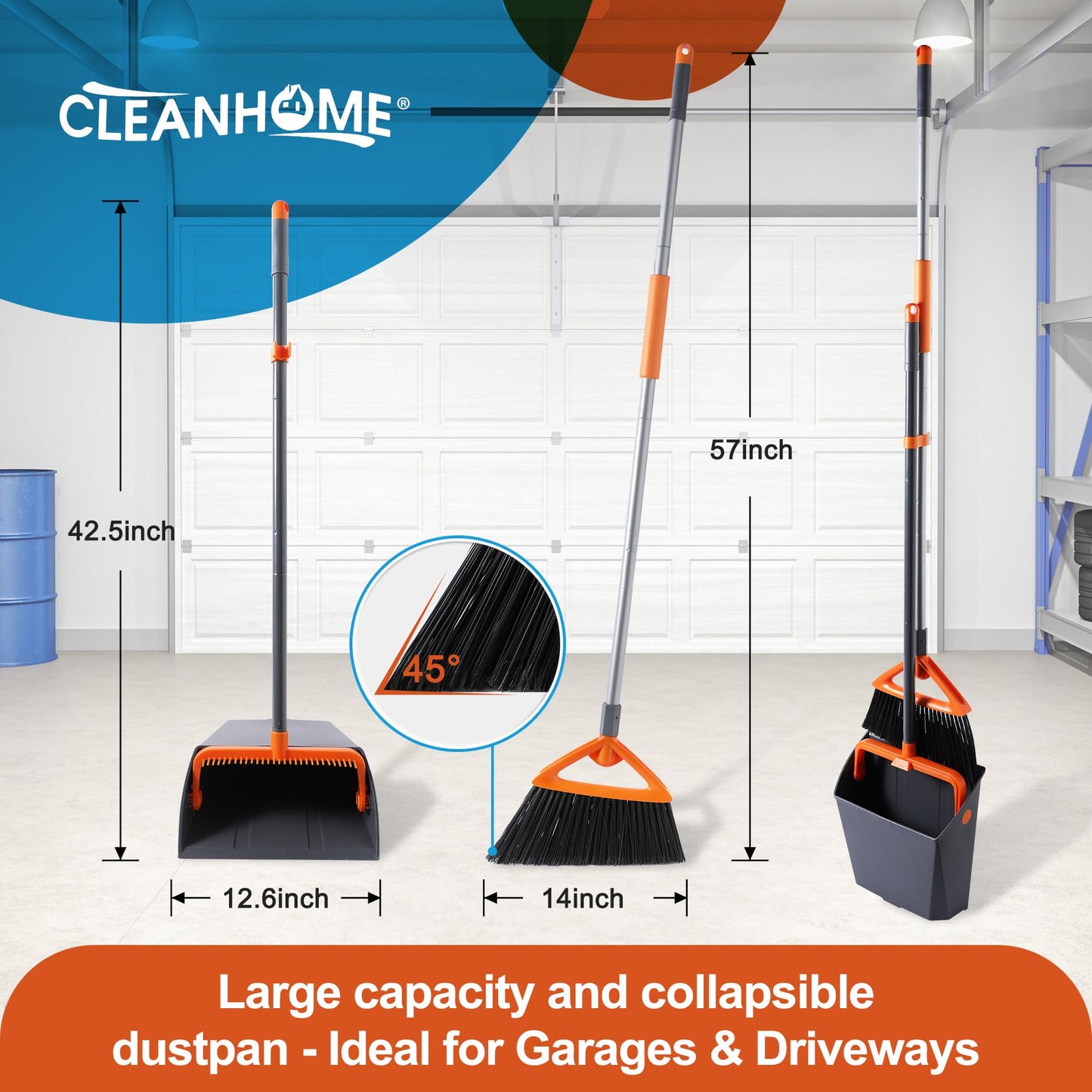 CLEANHOME Heavy Duty Outdoor Broom and Dustpan Set with Long Handle, Standing Dustpan & Split-End Bristles for Patio, Garage, Deck, Leaves Debris Cleaning