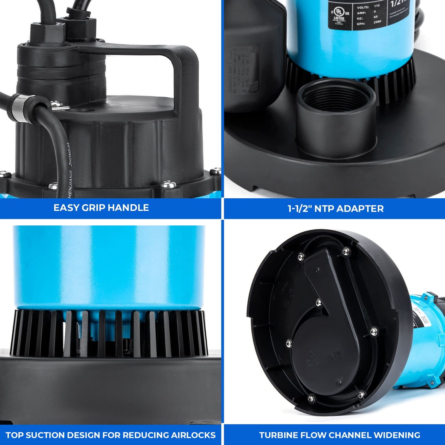 BOMGIE 1/2HP Sump Pump 2980GPH Submersible Water Pump with Automatic Float Switch, Clean/Dirty Water Utility Pump for Pool Draining, Basement Flooding, Irrigation with 10ft Power Cord