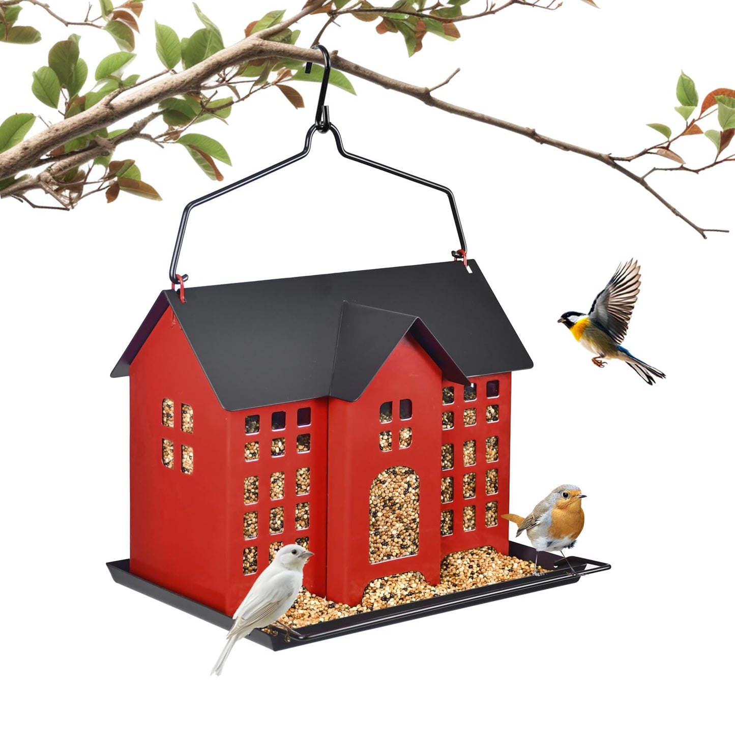 BOCHENTECH Hanging Bird Feeder, Outdoor Bird Feeder, Metal Bird Feeder, 5.6LB with Three Small Individual compartments for Finch Cardinal Chickadee, Large Capacity, Weatherproof and Durable