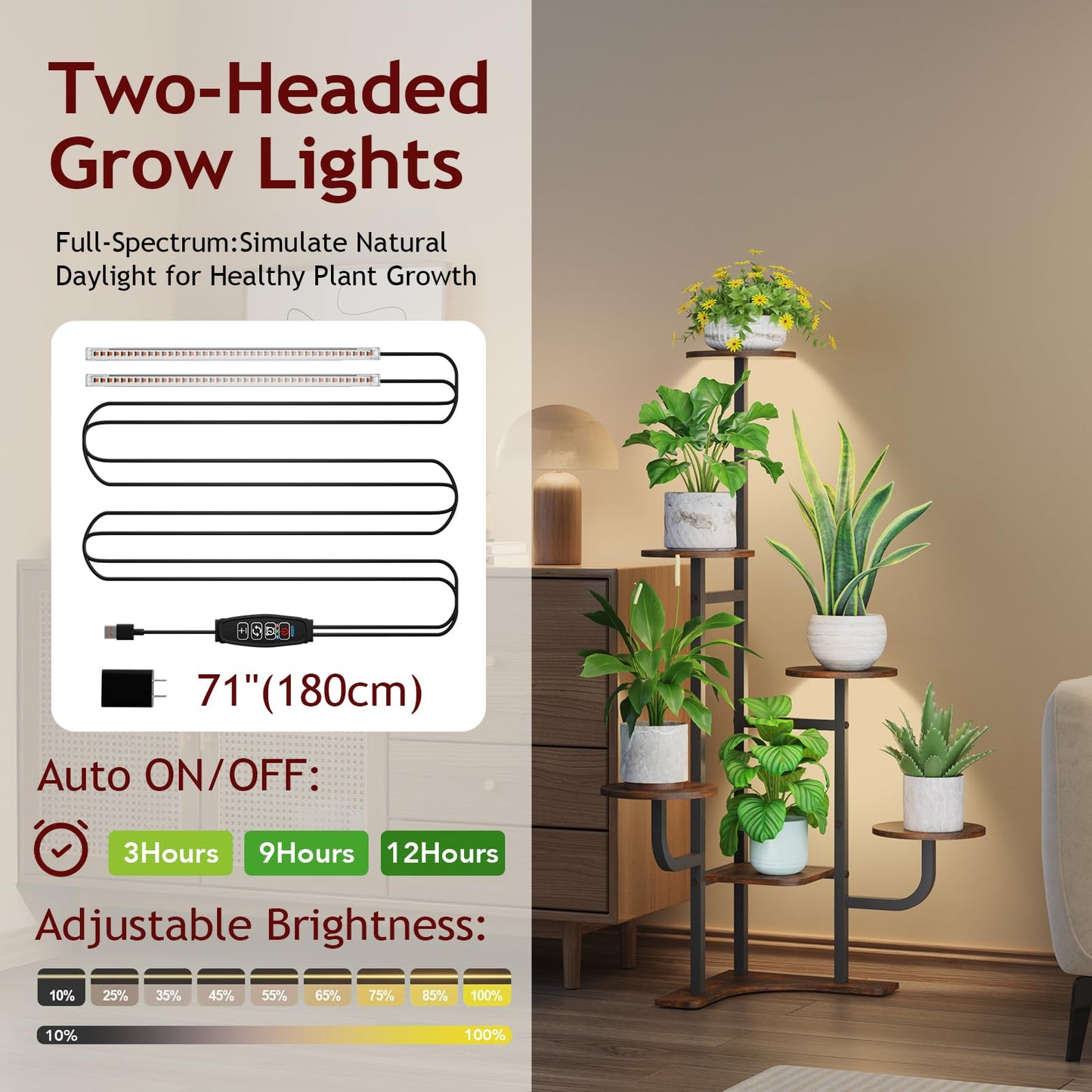 Homsorout Corner Plant Stand with Grow Light - 6 Tier Plant Stand Indoor Round Metal Plant Shelf with Adjustable Light, Plant Organizer for Living Room, Graden, Home Decor (Brown)