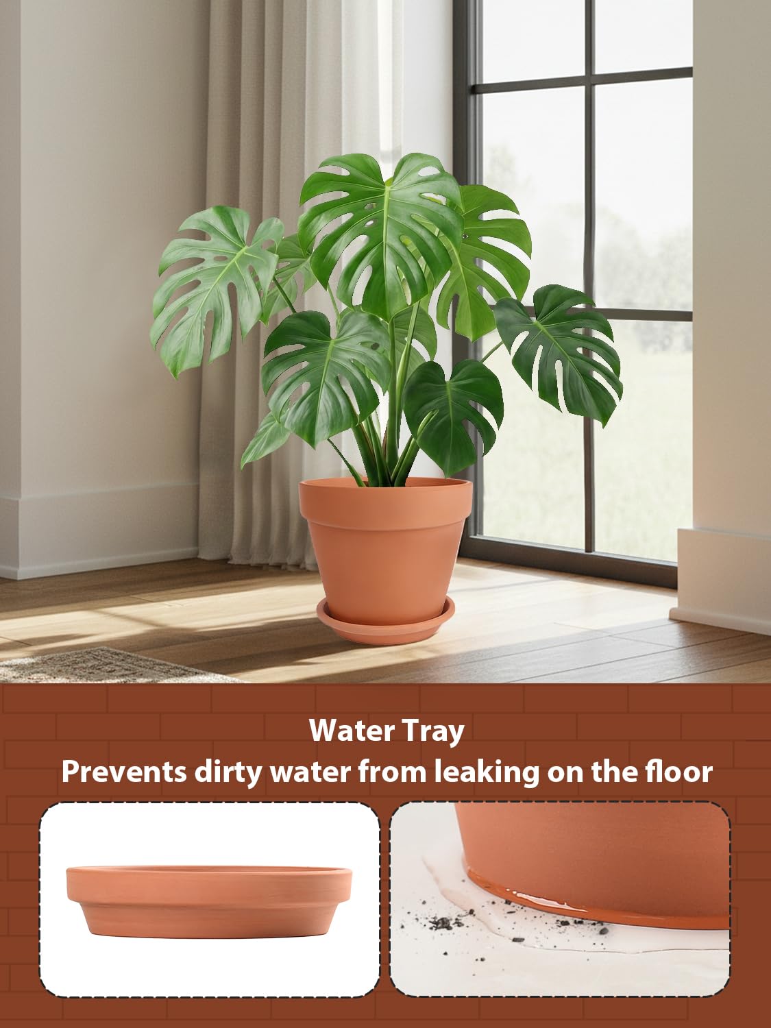 INGOFIN Terracotta Pot with Saucer - 10 Inch Ceramic Clay Pot for Plants with Drainage Hole, Large Terra Cotta Flower Planter with Tray for Indoor Outdoor Plants