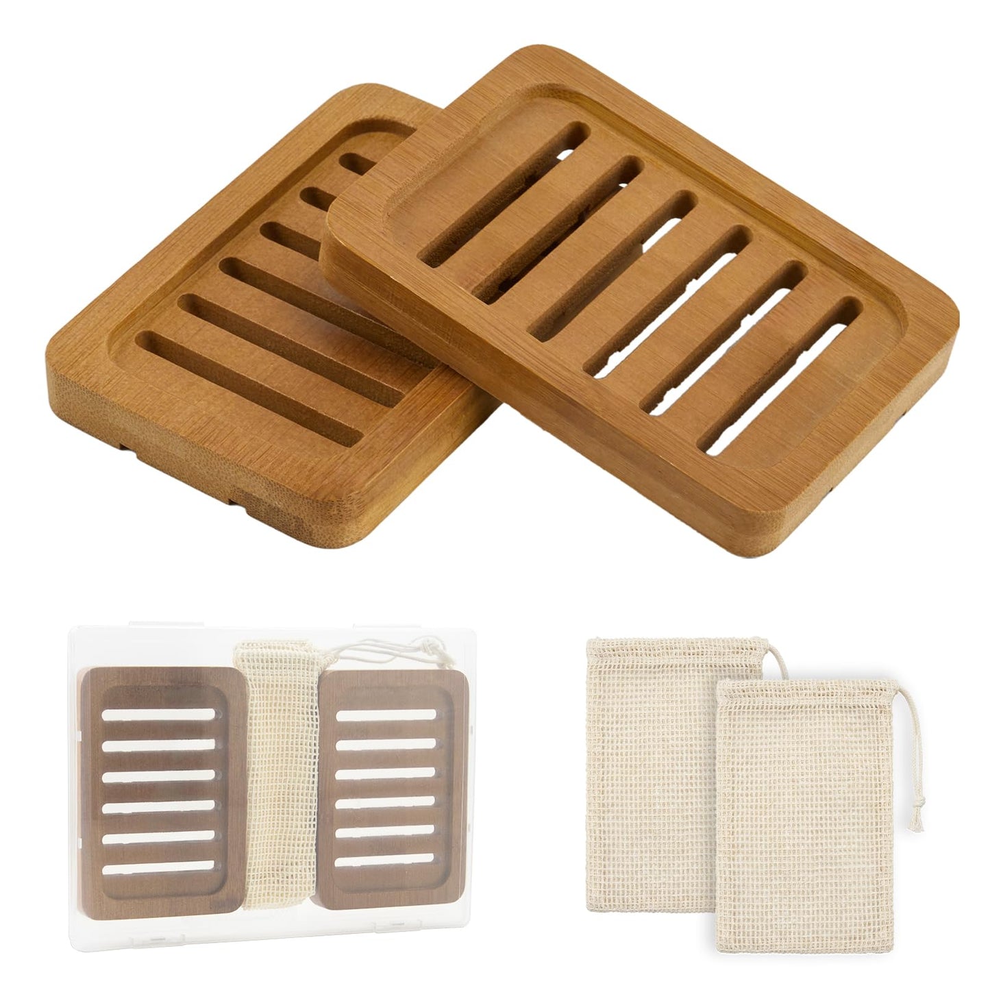 2PCS Self Draining Soap Holders, Rustic Slotted Bamboo Dish Tray, Easy Cleaning Wooden Soap Dish for Shower, Bathroom, Kitchen Sponges, Bath Tub, Packed in A Case (Acacia Style)