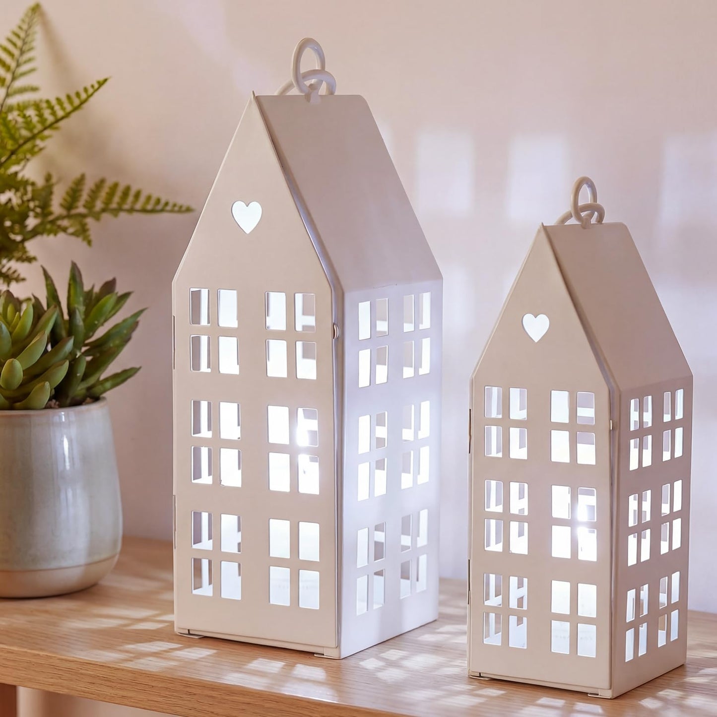 SiliFine 2 Set White Farmhouse Village Sets with 2 Pcs White Candles Rustic Houses Village Decor Metal Modern Lantern Decorative for Wedding Valentine's Day Home, Tabletop, Shelf Decor
