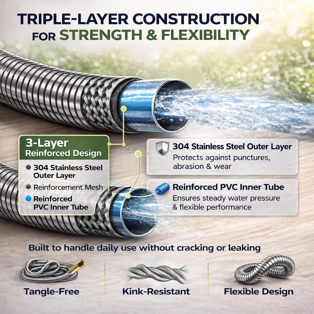 Holldoor Metal Garden Hose 100 ft – 304 Stainless Steel Water Hose with Nozzle Sprayer, Garden Hoses Flexible, Lightweight, No Kink, Heavy Duty for Outdoor (100 ft)