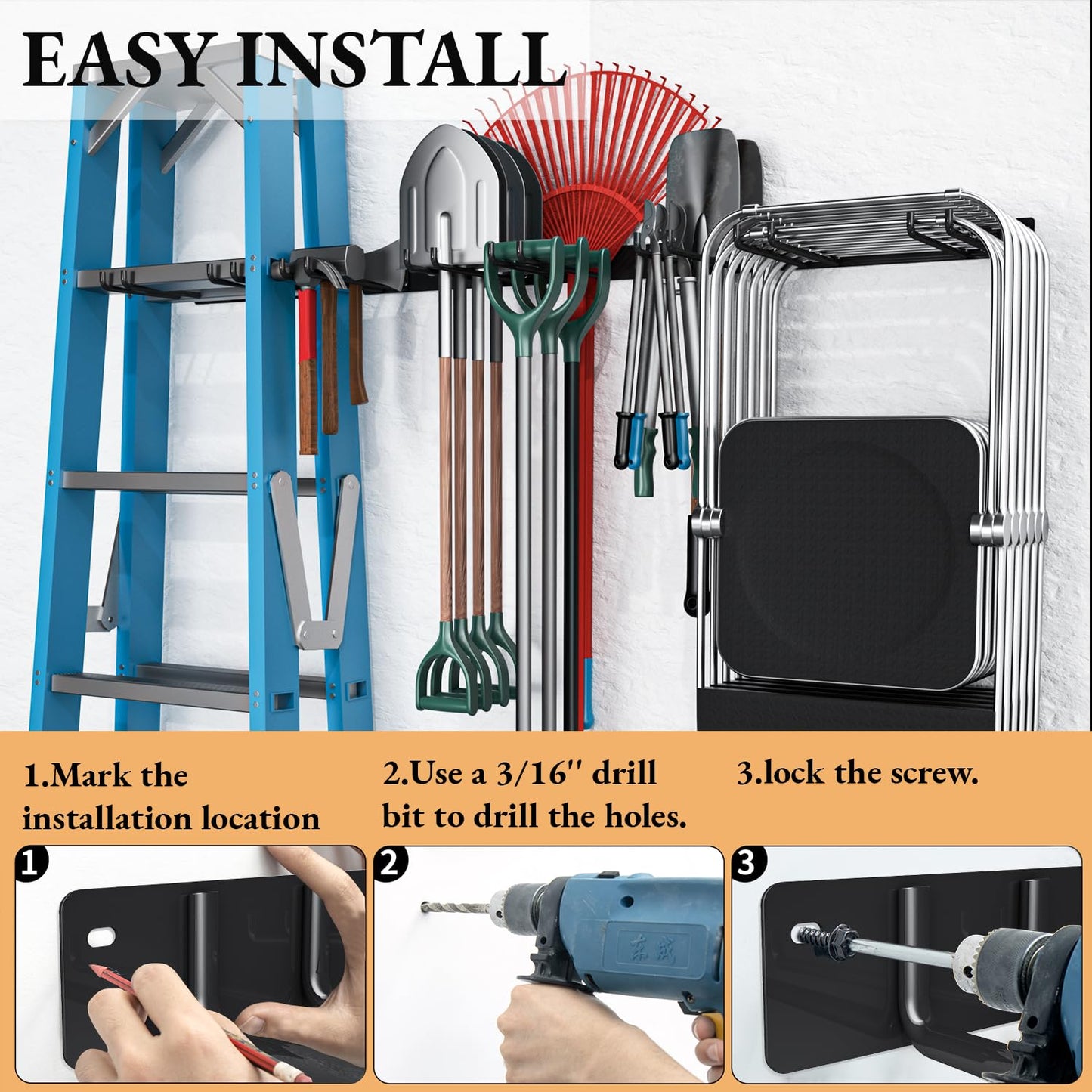 MOOMSINE Folding Chair Storage Rack Wall Mount, Garden Tool Hanger for Garage Organization, Patio, Beach & Camping Chairs Organizer Hooks, Holds 480 lbs - 4 Pack