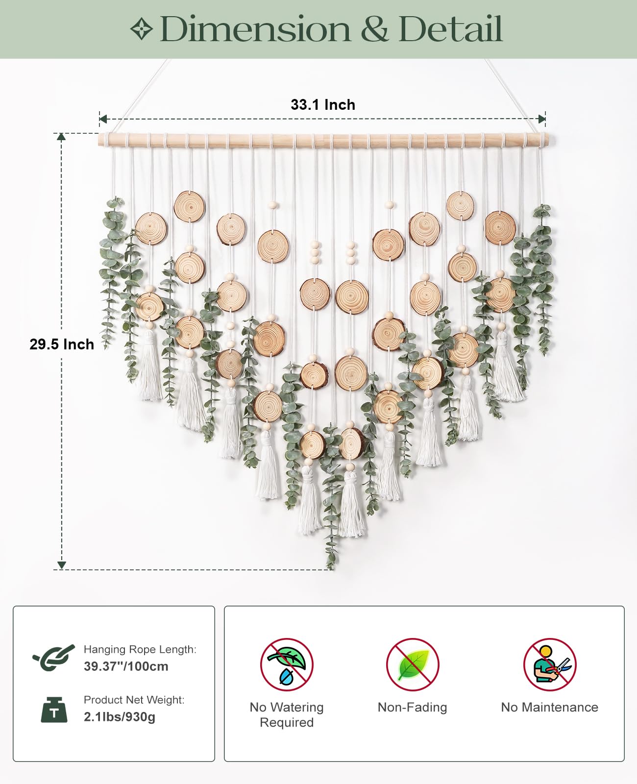 Tempospark Artificial Eucalyptus Wall Decor Hanging, Boho Bathroom Wall Decor, Fake Greenery Leaves Stems with Wood Slices Tassels on 33.1" Stick, for Living Room, Bedroom, Kitchen, Home Office