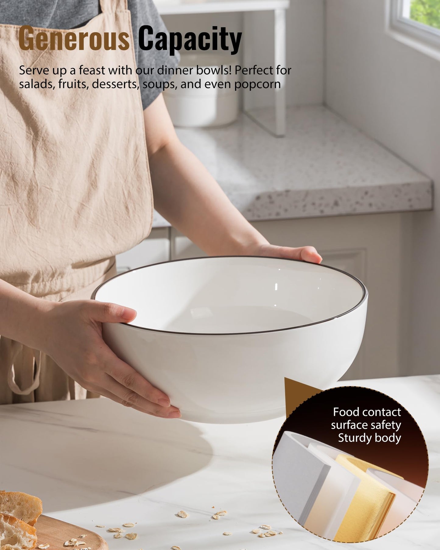 Dafuceramic Salad Bowls, 120 OZ(10") Large Serving Bowls Set of 2, Ceramic White Serving Bowls for Salad, Soup, Pasta and Dinner, Large Porcelain Bowl Set for Entertaining with Black on the Rim