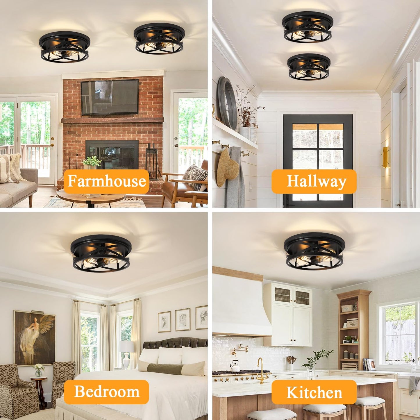 Elekeed 2-Light Flush Mount Ceiling Light Fixture, Farmhouse Ceiling Lights for Kitchen, Modern Black Close to Ceiling Light for Hallway Bedroom Balcony Porch Stairway, E26, (2 Pack)