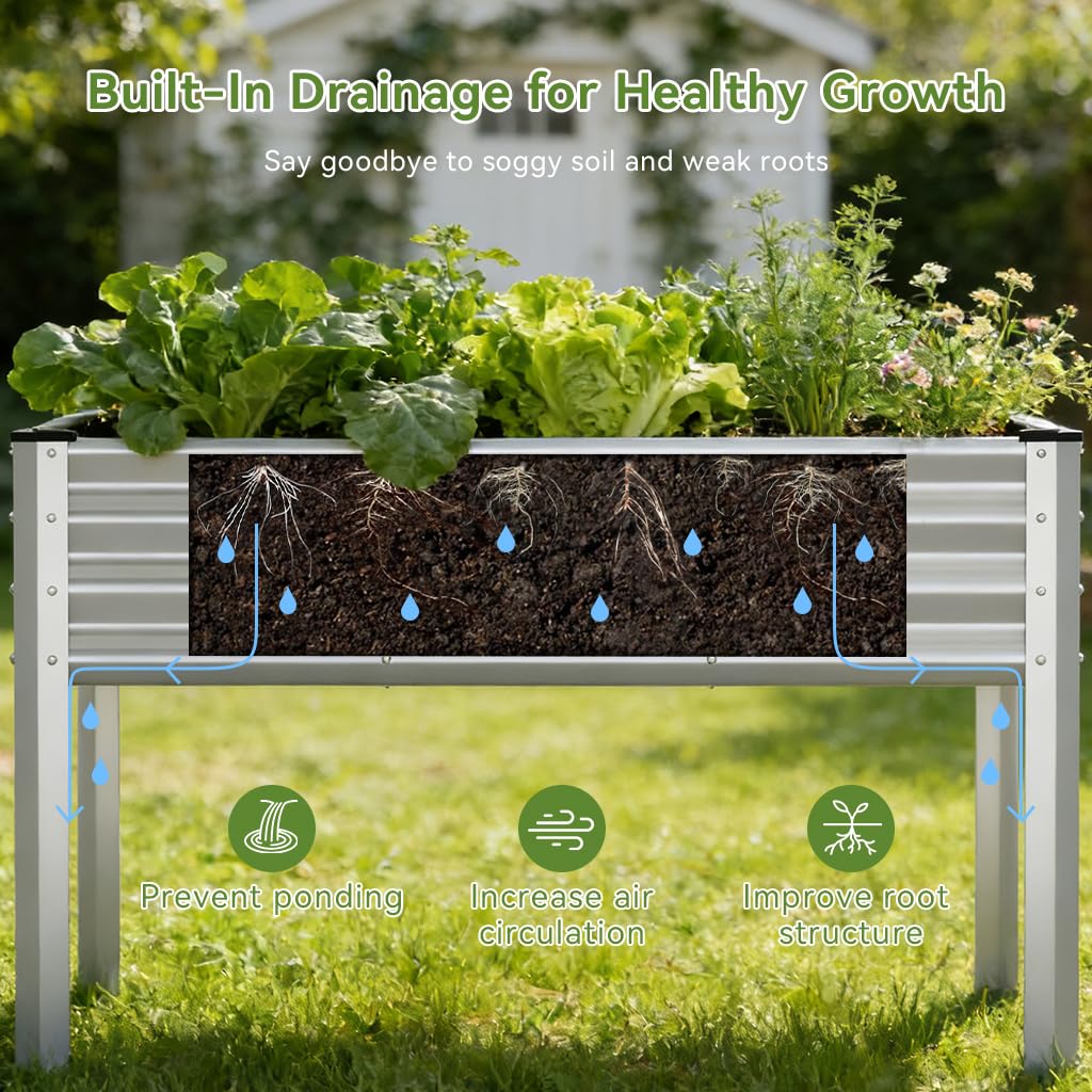 COMHOMA 2 Pack Raised Garden Bed with Legs 4x2x2.5ft,Large Elevated Galvanized Metal Planter Box with Drainage Holes,Outdoor Growing Kit with Gloves Tools for Backyard Patio Lawn,Sliver