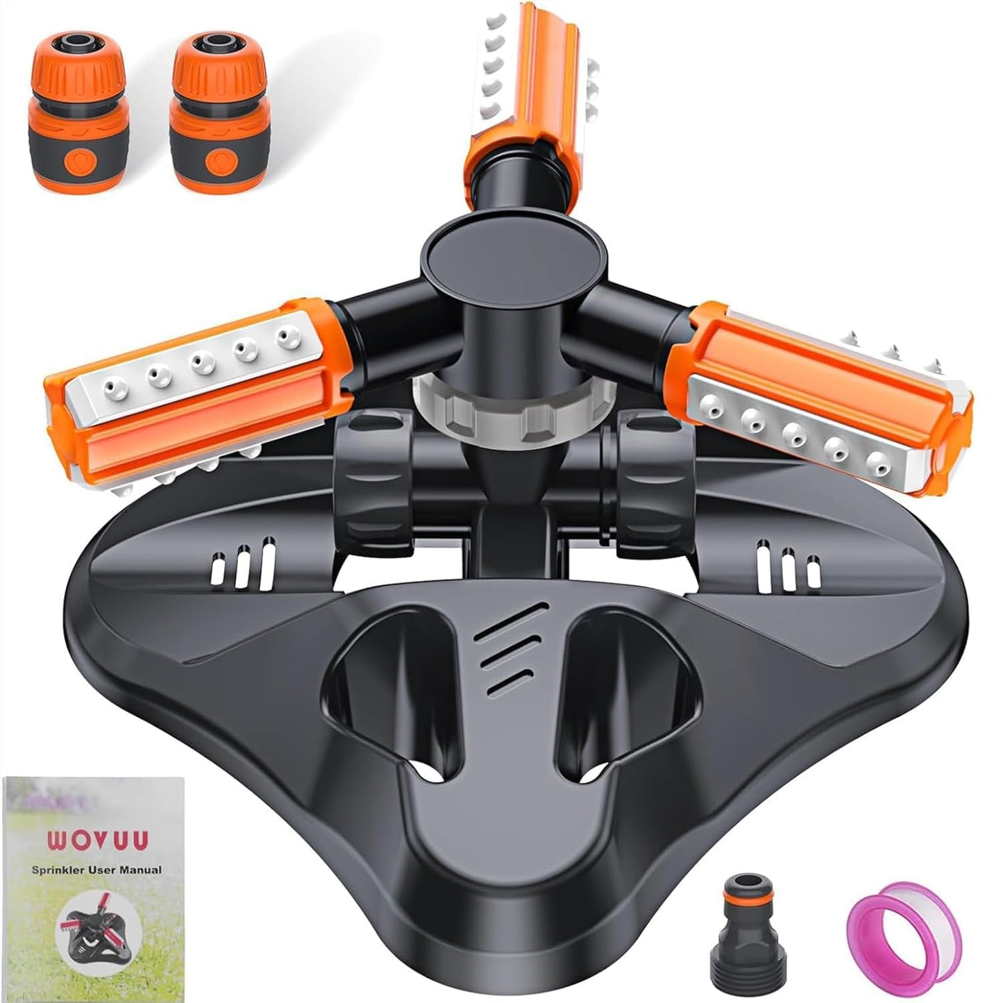 WOVUU Garden Sprinkler,Upgrade Lawn Sprinklers Automatic 360 Degree Rotating Irrigation Grass Water Sprayer System,Garden Hose Sprinkler for Yard/Built in 36 Units Angle Spray Nozzles(Orange)-1Pack