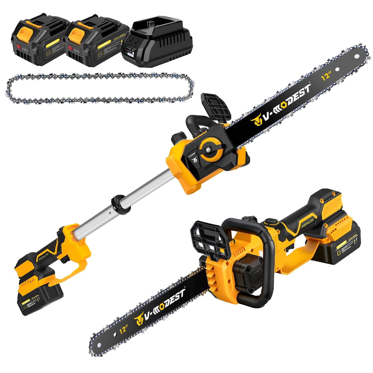 V-MODEST 21V Brushless Telescopic Chainsaw - 12" Lightweight Battery Powered Chainsaw，Cordless Electric Chain Saw with 2 x 4.0Ah Lithium-ion Batteries Chainsaws for Tree Trimming, Branch Pruning