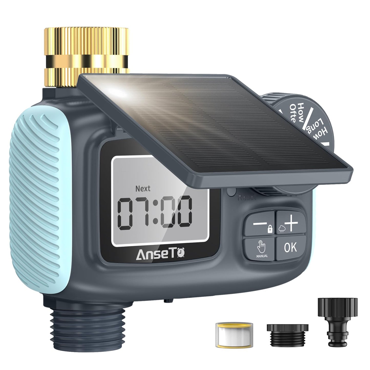 AnseTo Solar Sprinkler Timer, Solar & Type-C Rechargeable Water Timer for Garden Hose, Programmable Faucet System with Rain Delay/Manual/Auto Mode, Digital Irrigation Controller for Lawn/Yard/Pool