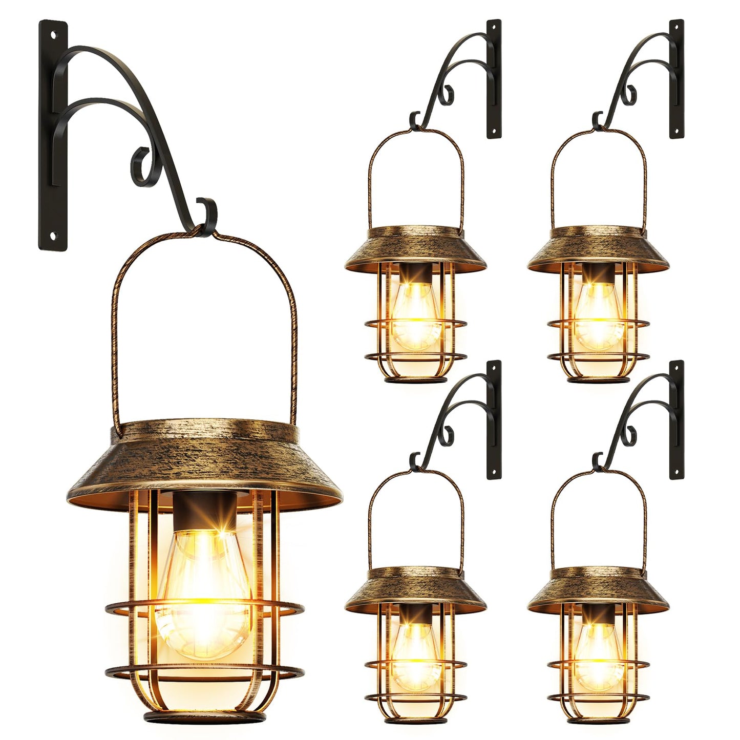 AOUNQ Solar Lanterns Outdoor Waterproof 4 Pack, Upgraded Brighter Hanging Solar Lights for Outside with Wall Hook - Retro Bronze Metal Solar-Powered Hanging Lantern Auto On/Off for Porch Patio Garden