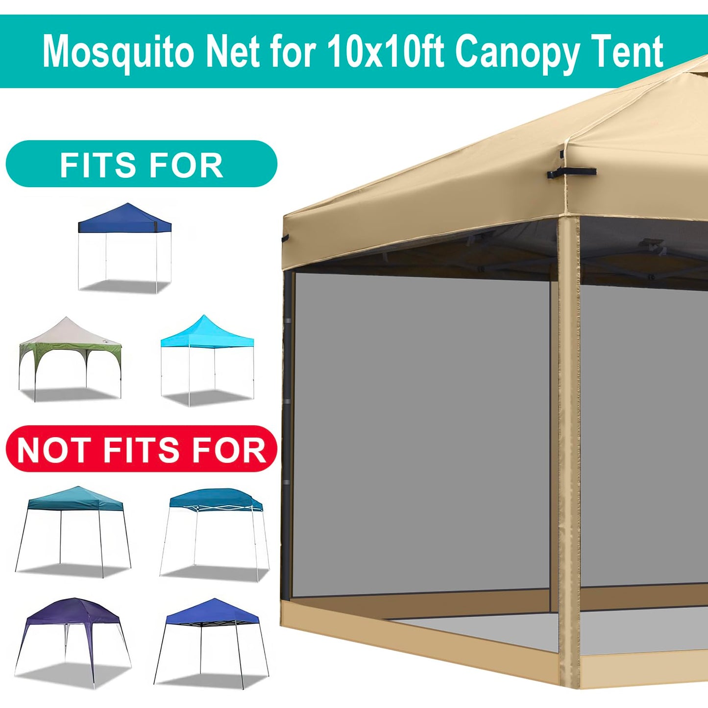 Canopy Mosquito Net for 10x10 Pop up Canopy Gazebo Tent, Replacement Netting Screen Mesh Sidewalls for Patio, Backyard, Camping, Outdoor Use (Net Only,Frame Not Included) (Sand)