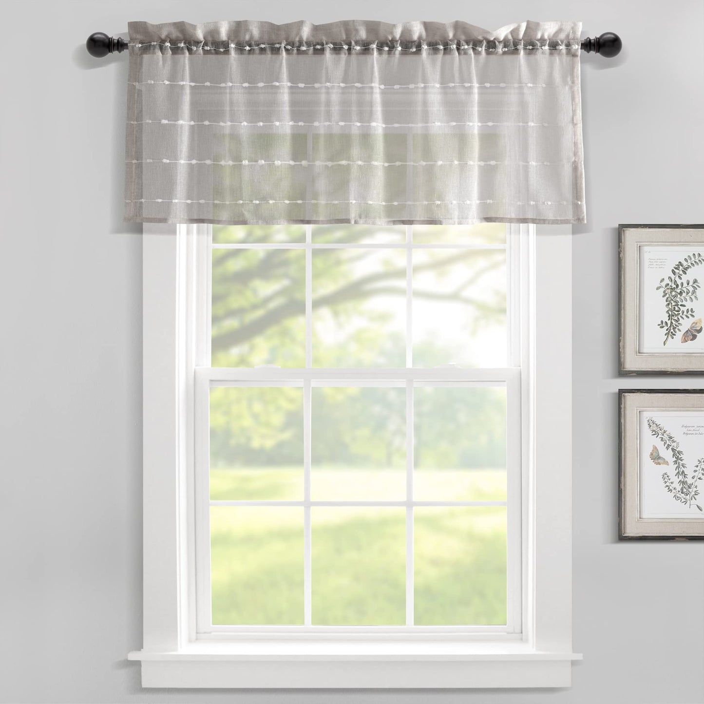 Lush Decor Farmhouse Textured Sheer Window Curtain Valance, 52"W x18"L, Gray