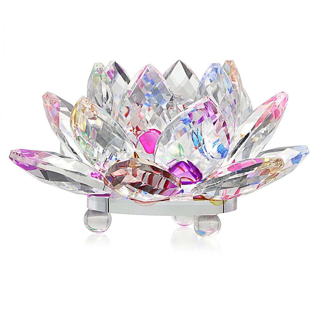 OwnMy Sparkle Crystal Lotus Flower Hue Reflection Feng Shui Home Decor with Gift Box (3 Inch/ 80MM)