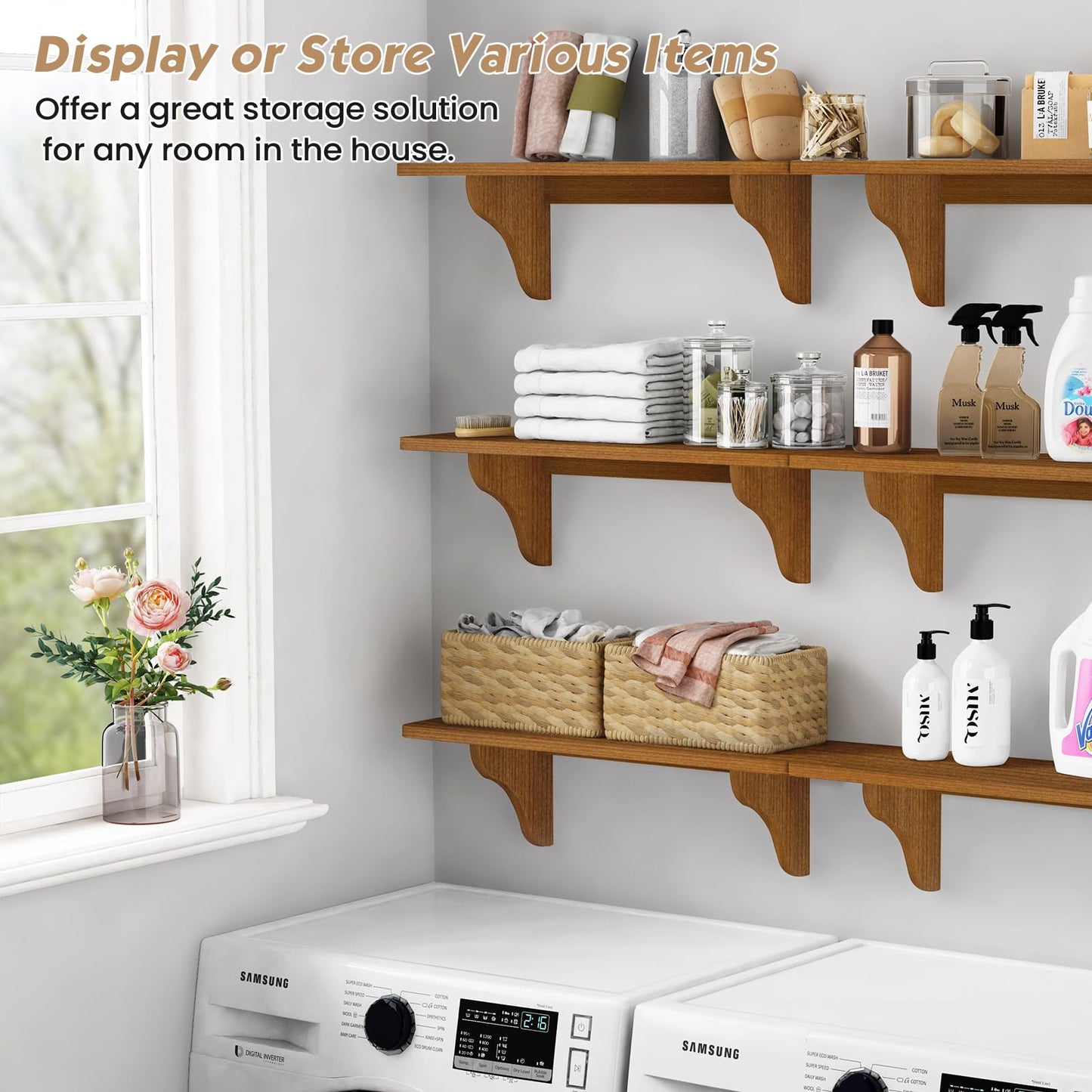 Forbena Wooden Floating Shelves for Wall Set of 3, 24 Inch Wall Shelf for Bedroom, Dark Wood Arched Hanging Wall Shelves for Bedroom, Living Room, Office, Nursery, Dining Room (Walnut Brown)