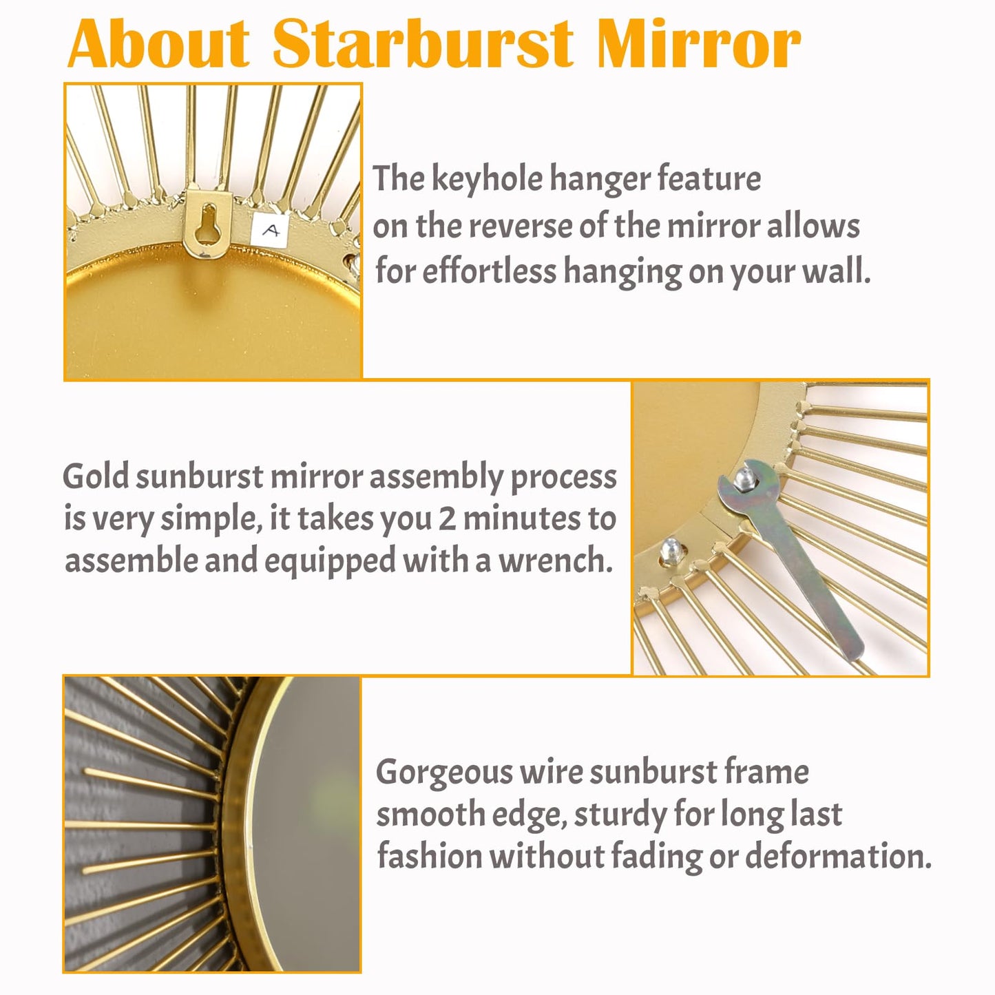 24'' Large Gold Sunburst Mirror, Metal Starburst Mirrors, Mid-Century Modern Sun Mirror Wall Decor for Living Room, Bedroom, Bathroom, Hallway, and Entryway