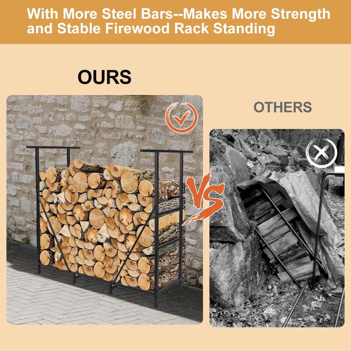 Vailge Firewood Rack Outdoor 8FT with Waterproof Firewood Carrier Bag, Adjustable Heavy Duty Steel Firewood Holder Storage, Log Rack for Fireplace, Fire Pit, Backyard, Camping