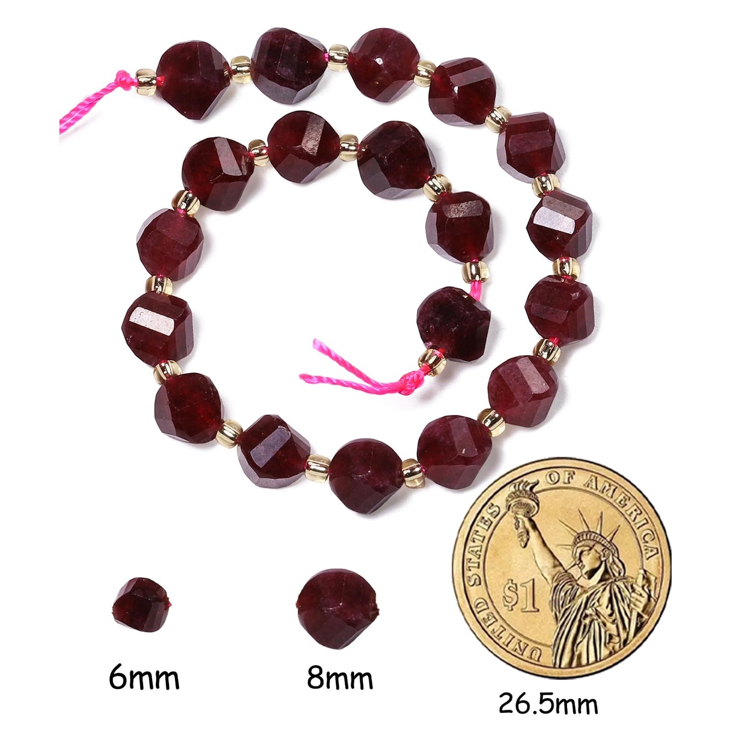 Yochus 42pcs Natural Garnet Stone Beads for Bracelet，2strands 6mm Facted Twist Loose Gemstone Beads for Jewelry Making DIY Craft Necklace Earring
