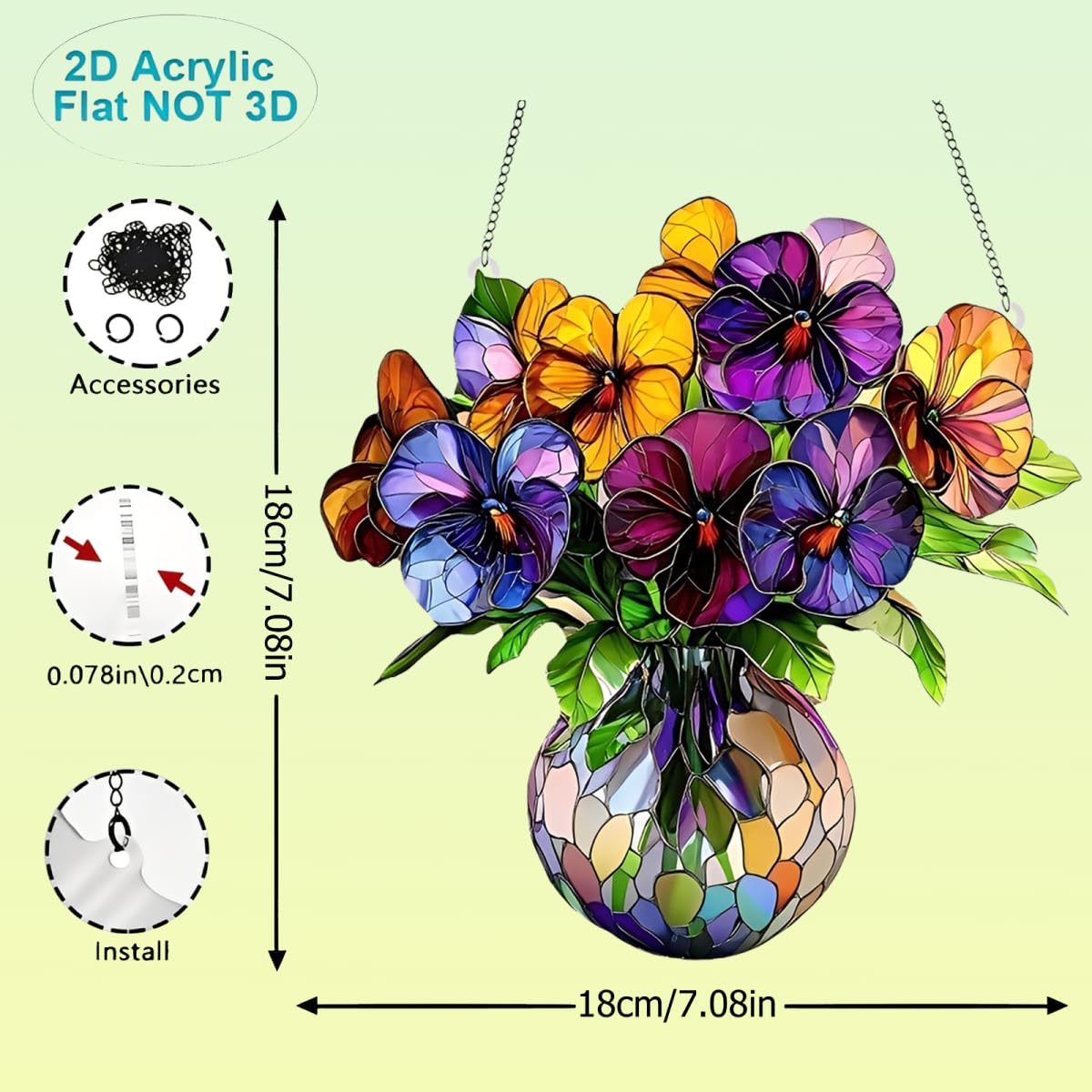 1PC Pansies in Vase Acrylic Suncatcher Hanging, 7.08 inch Window Decor with Printed Stained Glass Style Design, Rainbow Maker Wall Art, Gift Idea & Garden Ornament Indoor Outdoor Use/ZW-07