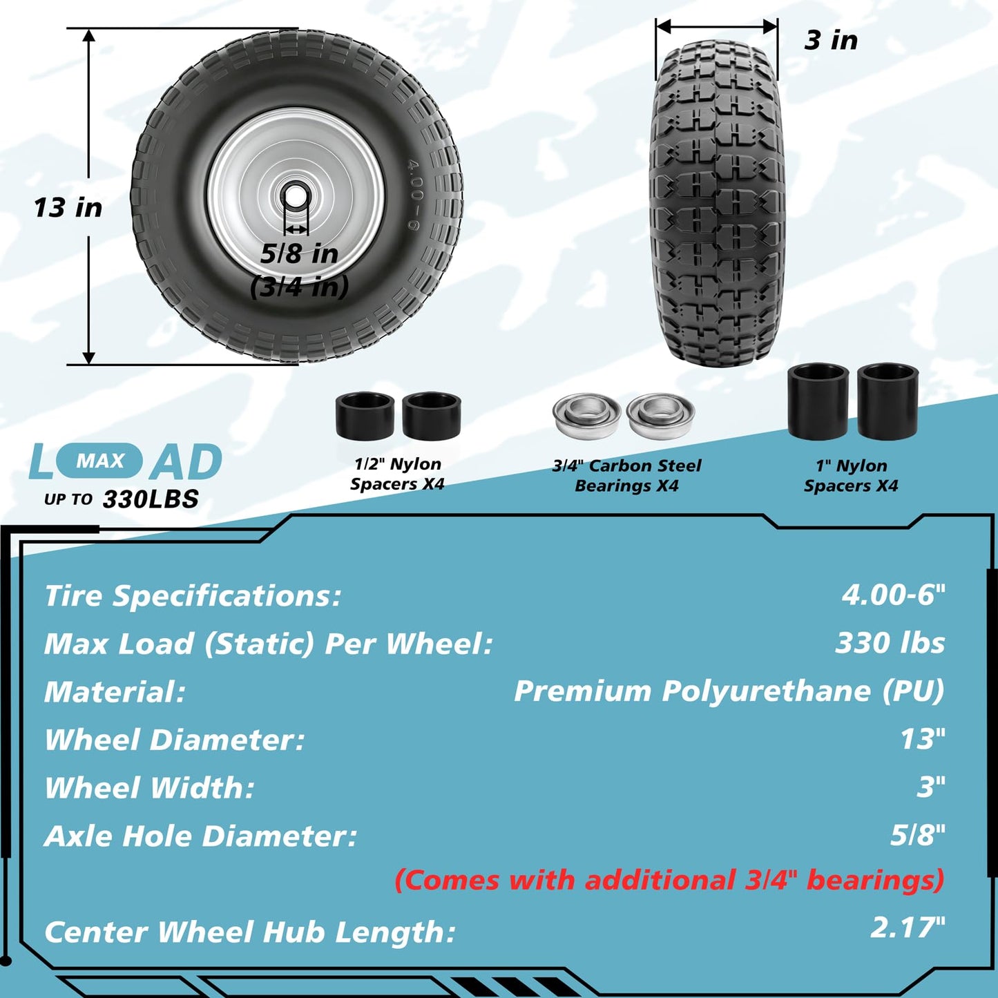 Sutmorly 4.00-6 Tire and Wheel Flat Free,13" Solid Tires with 5/8" Axle Bore Hole and Double Sealed Bearings, Perfect for Wheelbarrow, Garden Cart, Wagon, Dolly (1 Pack)