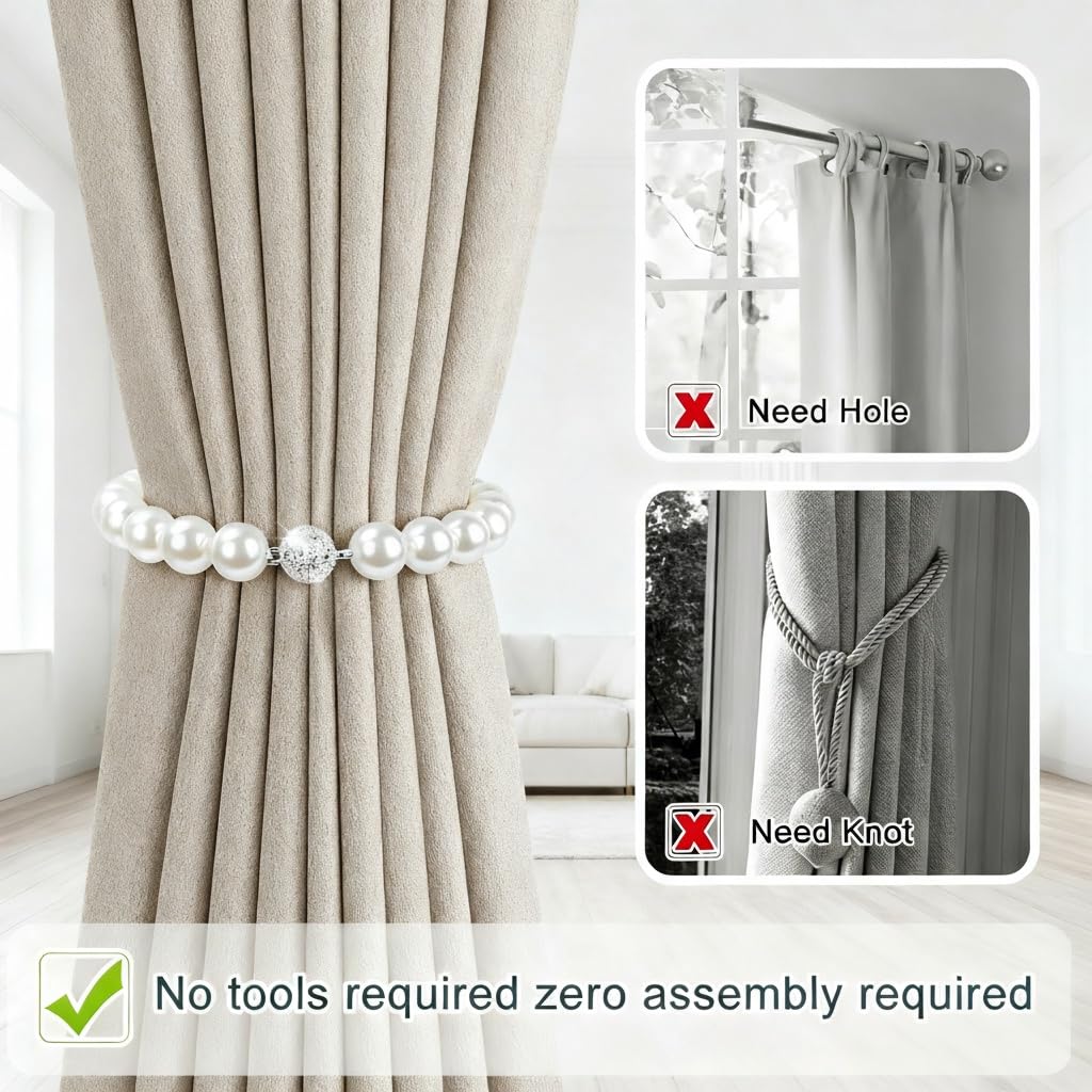 Magnetic Curtain Tiebacks, Curtain Holders for Bedroom Decor, 2 Pack Pearl Curtain Tiebacks for Home, Office, Window Decoration(White)