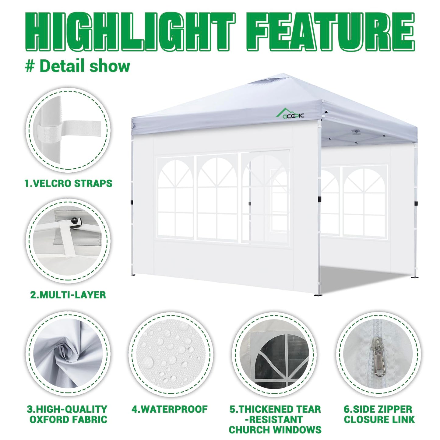 Acepic 3Pcs Instant Canopy Tent Sidewalls for 10x10 Pop-Up Canopy, Garden Gazebo, 210D Oxford Fabric Waterproof, Black (Tent NOT Included)