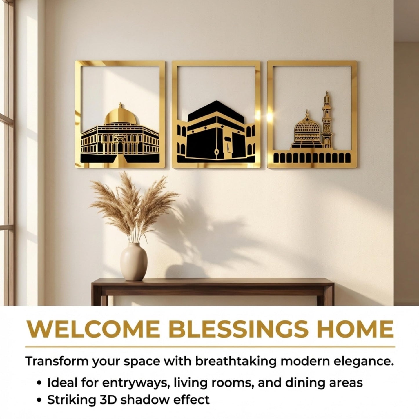 iwa concept Masjid Al Aqsa, Kaaba & Masjid An-Nabawi Islamic Wall Art, Wooden Blessed Places Islamic Wall Decor, Gift for Muslims at Ramadan Eid (Small, Gold | All Three)