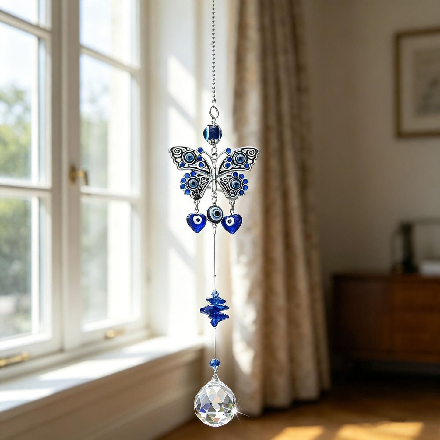 Turkish Blue Evil Eye Butterfly Wall Hanging with Crystal Suncatcher Ornament for Home Decor Protection Good Luck Blessing Housewarming Birthday Gift