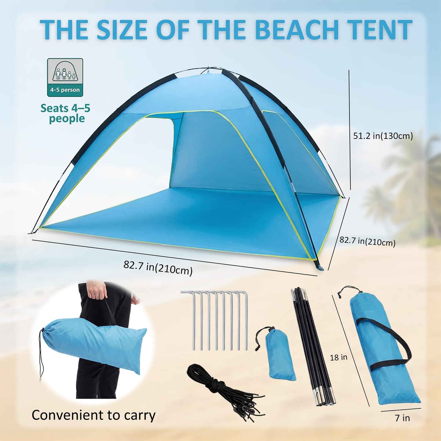 Beach Tent Sun Shelter, Portable Pop Up Beach Tent for 4-5 Person with UPF 50＋ UV Protection, Easy Setup Lightweight Waterproof Ventilation Design Family Sun Shelters for The Beaches