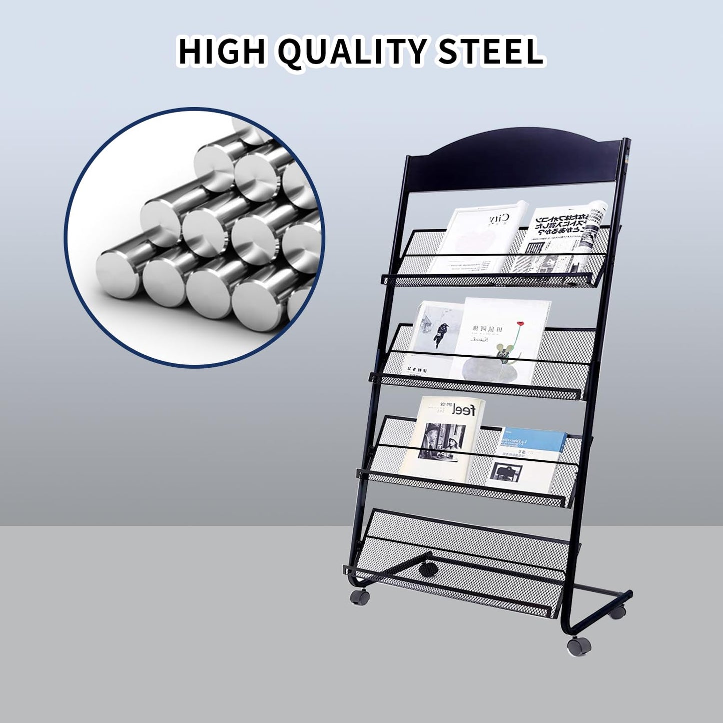 Vmsiuory Floor Standing Magazine Rack,The Wheels with Locking 4 Tier Document Display Rack for Exhibition Office Shopping Mall Waiting Room and Other Places （BLACK