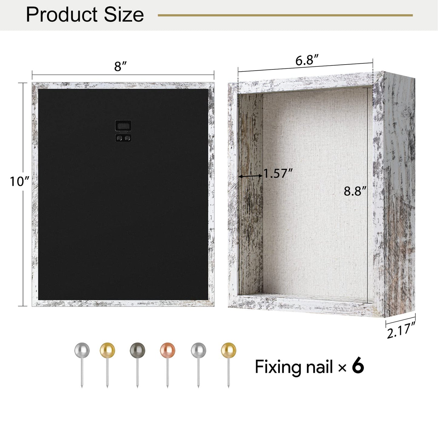Califortree 8x10 Shadow Box Frame with Linen Back - Real Glass, Push Pins Included, Sturdy Rustic Memory Display Case, Fits 6.8x8.8 Inserts, Distressed White