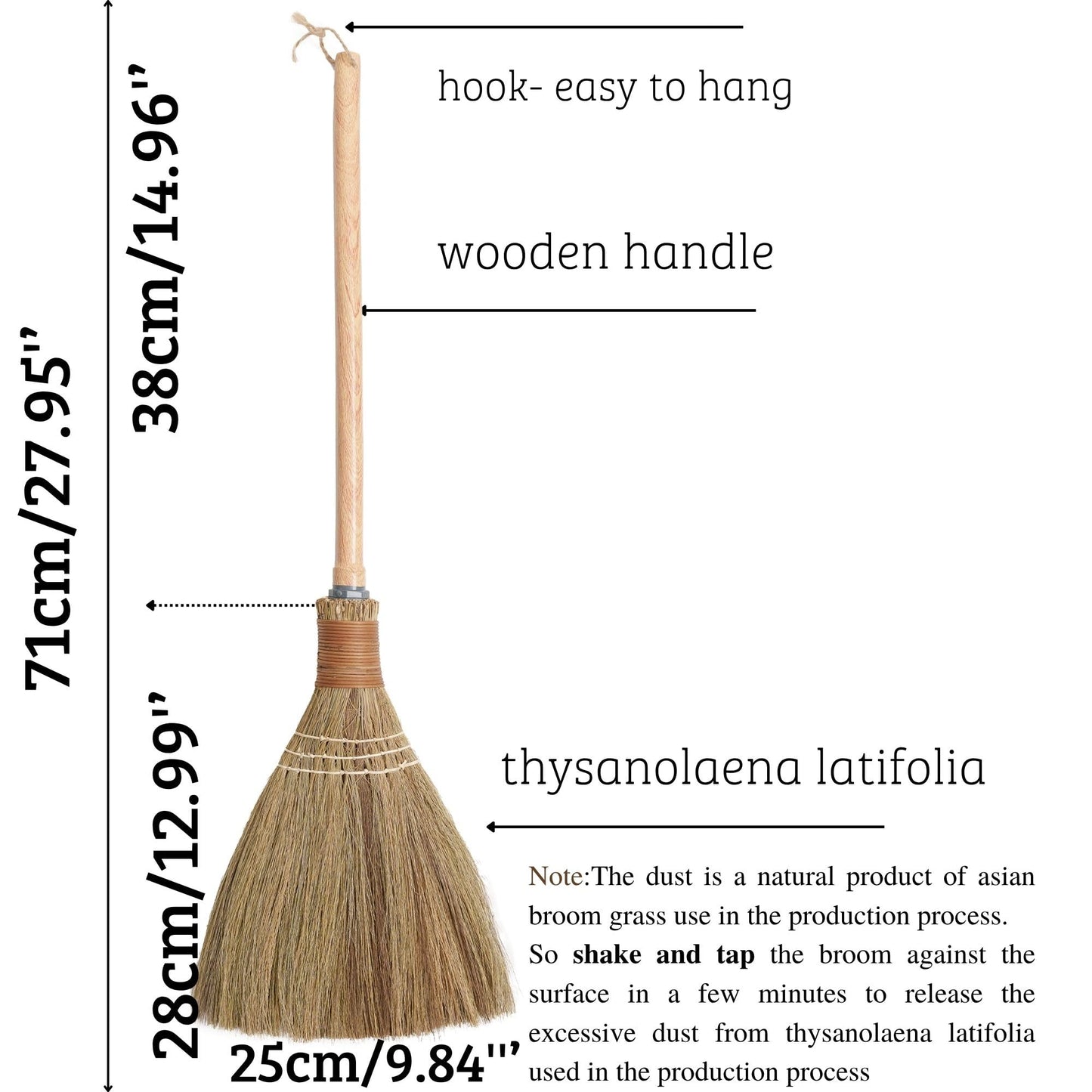 BMart Home Small Natural Whisk Sweeping Hand Handle Broom - Vietnamese Straw Soft Broom for Cleaning - Decoration Items - Indoor - Outdoor - 9.84'' Width, 27.95" Length