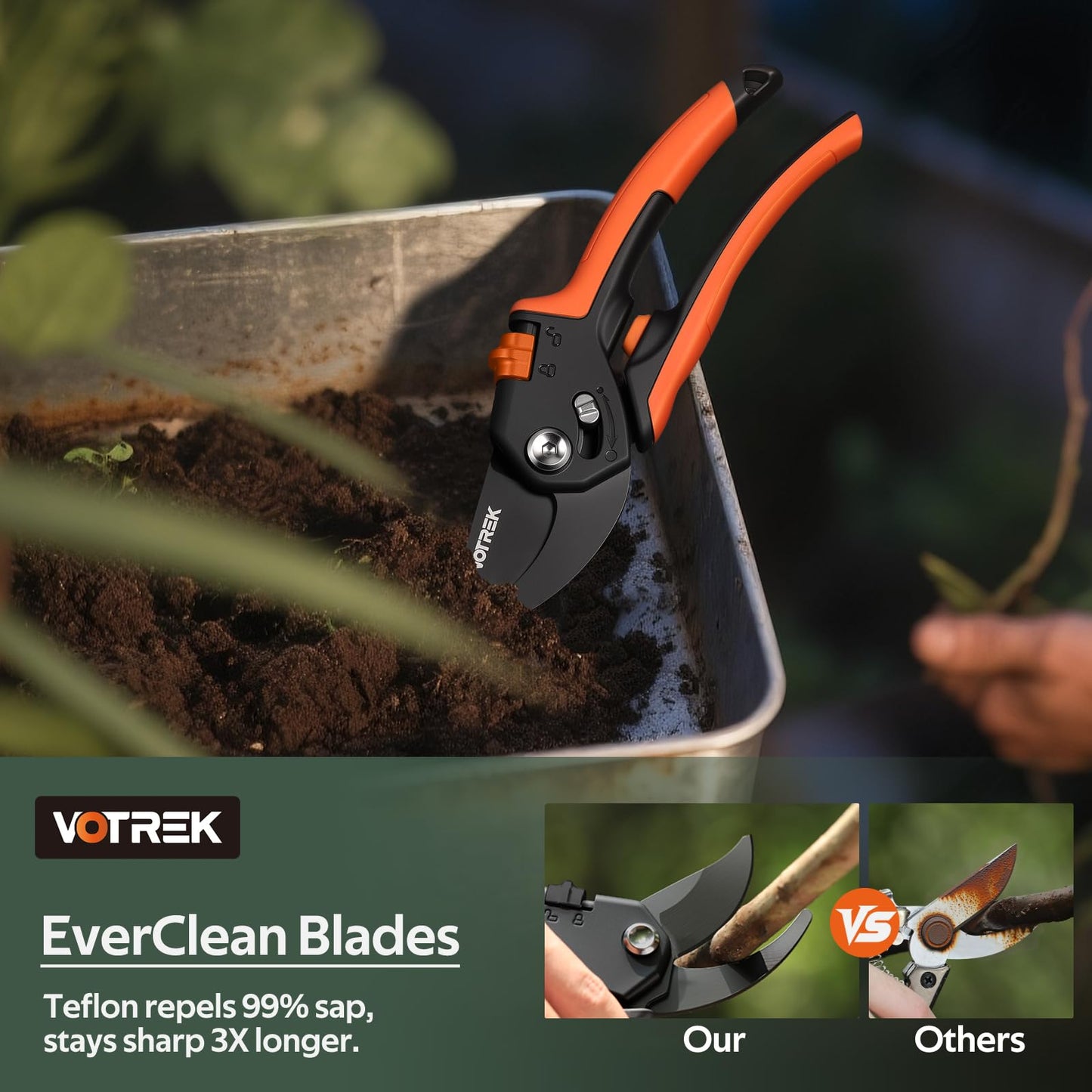 VOTREK® Pruning Shears, [Patented Stepless Handle Opening] - Garden Clippers with Ultra-Sharp SK5 Steel for Weak Hand, Bonsai Scissor Universal Fit for All Hand Sizes, Effortlessly Cut 1-Inch Branches